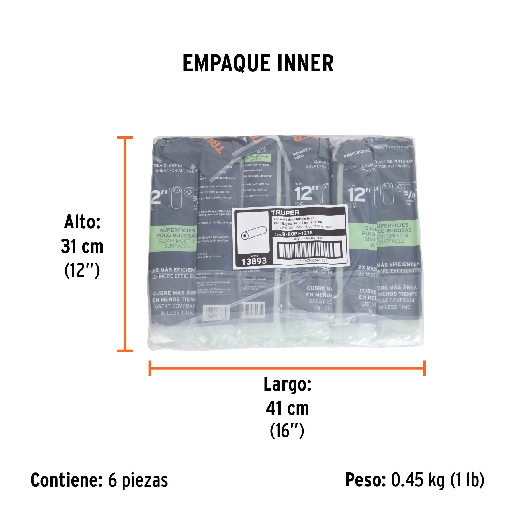Felpa para rodillo 12x5/8" superficies poco rugosas, TRUPER - Empaque