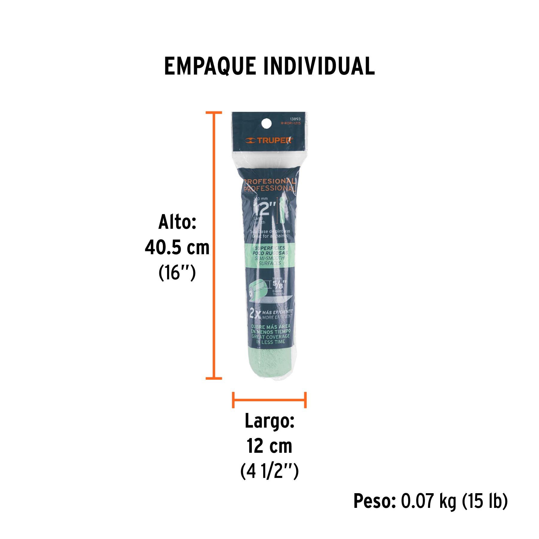 Felpa para rodillo 12x5/8" superficies poco rugosas, TRUPER - Empaque