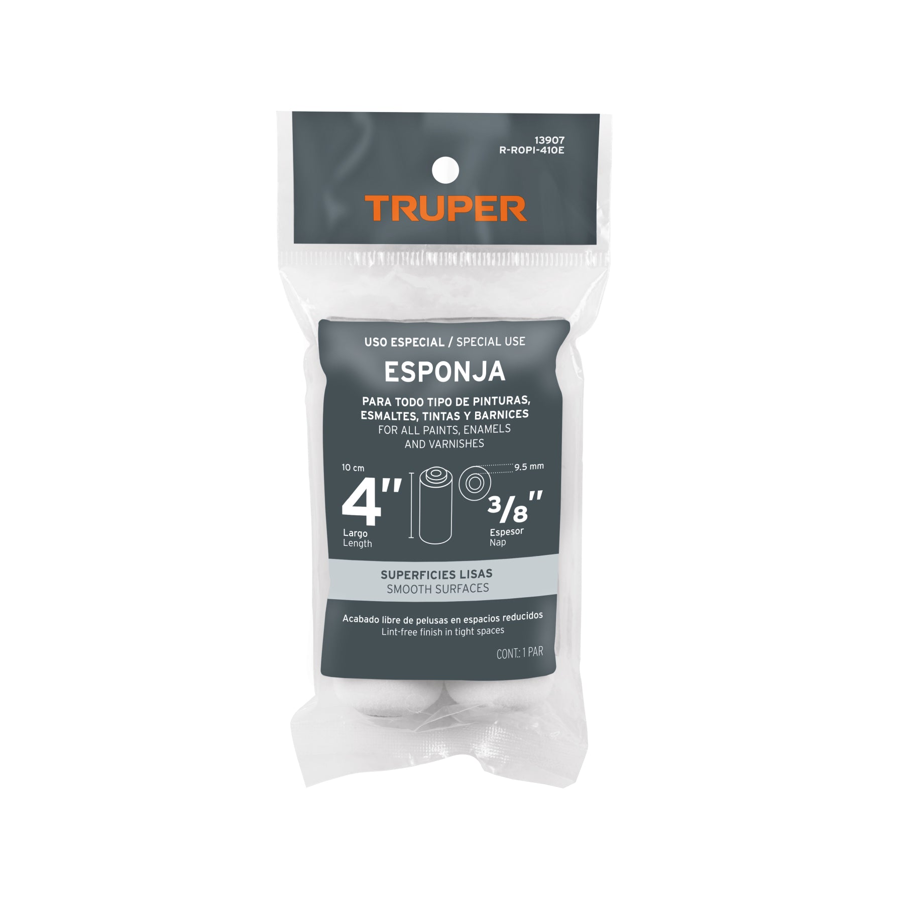 Bolsa c/2 felpas para mini rodillo esponja 4"x3/8", TRUPER