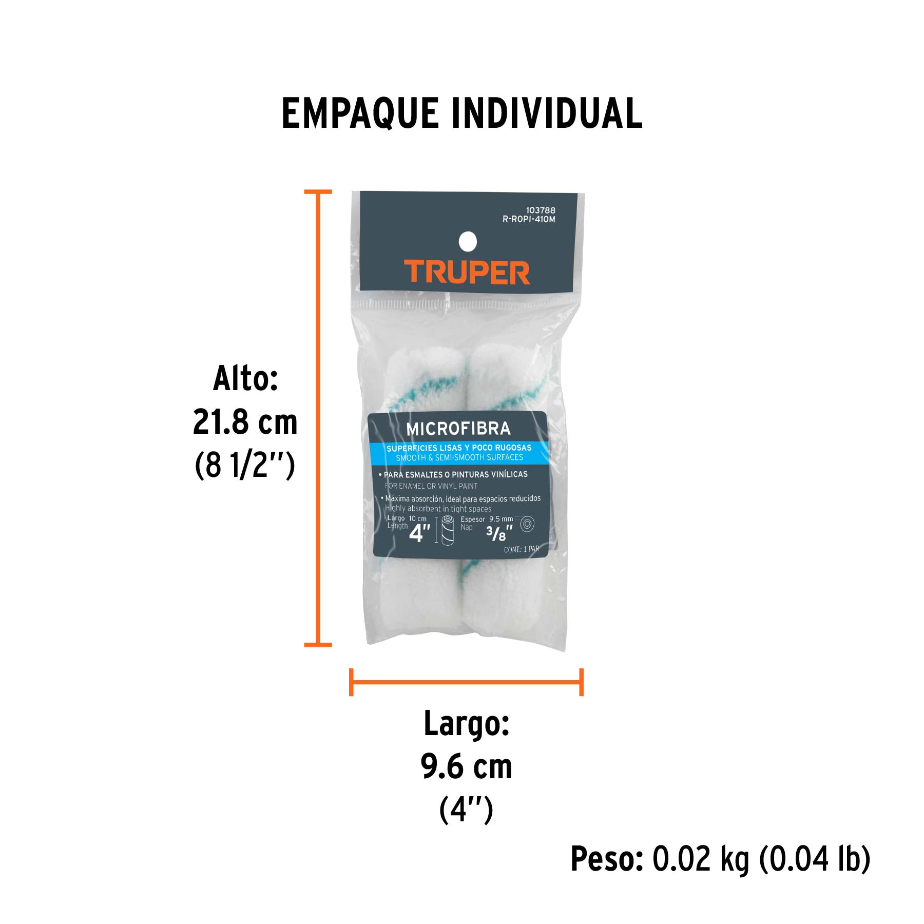 Bolsa c/2 felpas p/mini rodillo de microfibra 4"x3/8",TRUPER - Empaque