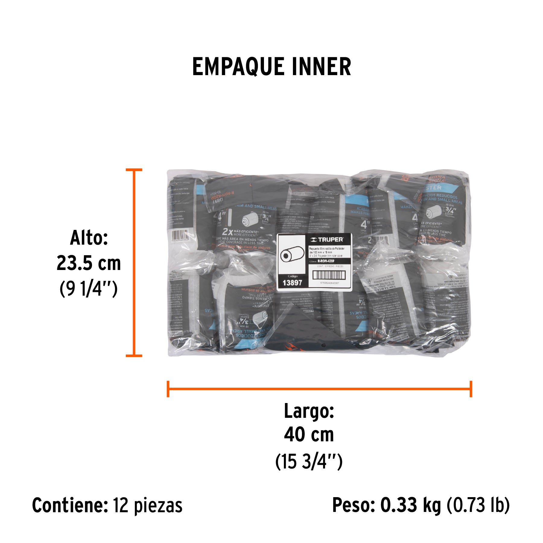 Bolsa c/1 felpa para mini rodillo poliéster 4"x3/4", TRUPER - Empaque