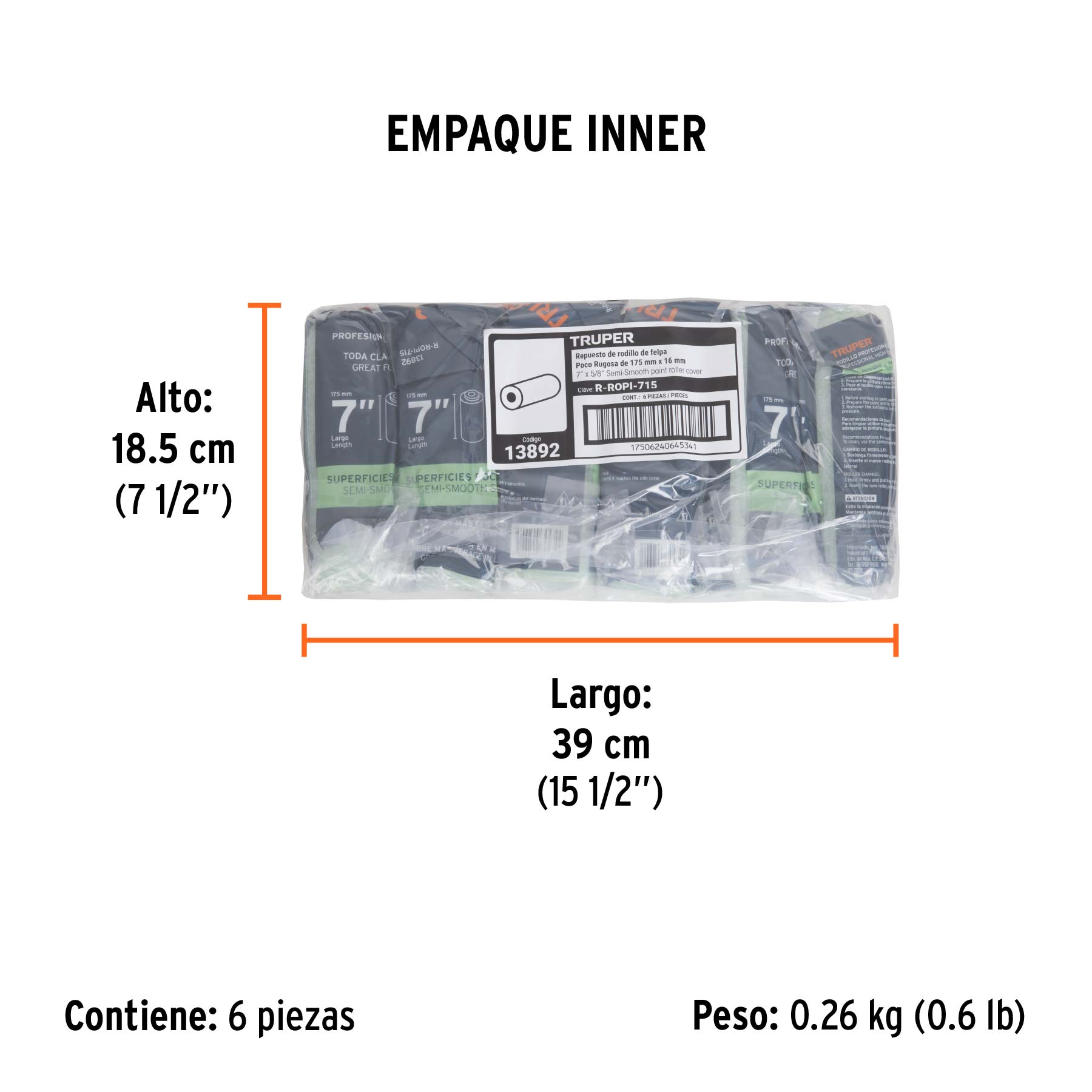 Felpa para rodillo 7 x 5/8" superficies poco rugosas, TRUPER - Empaque