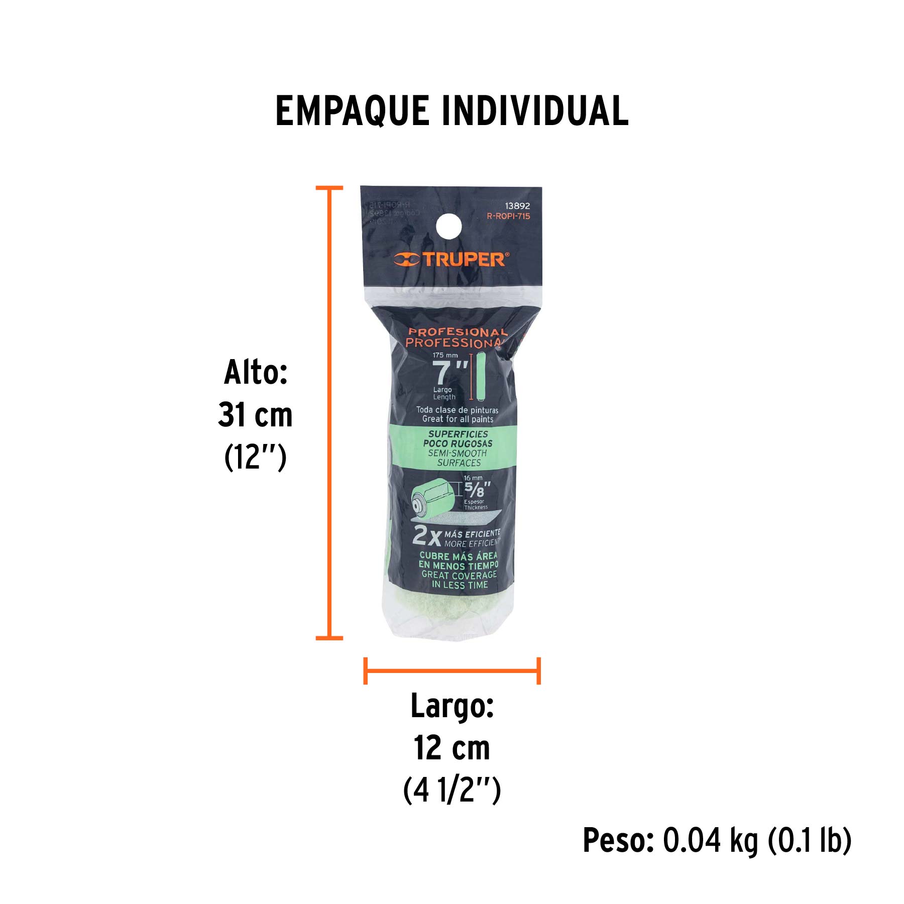 Felpa para rodillo 7 x 5/8" superficies poco rugosas, TRUPER - Empaque