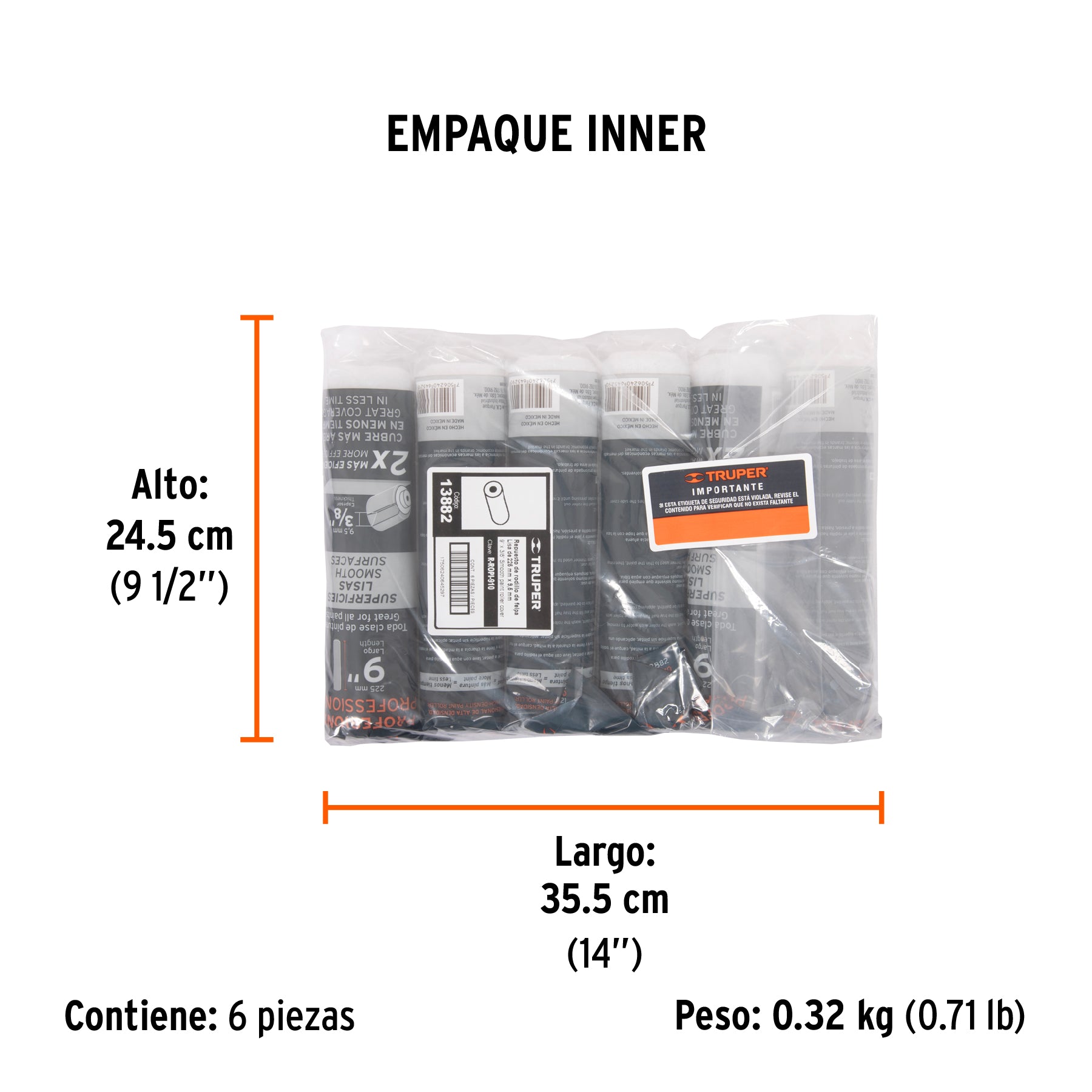 Felpa para rodillo 9 x 3/8" superficies lisas, TRUPER - Empaque