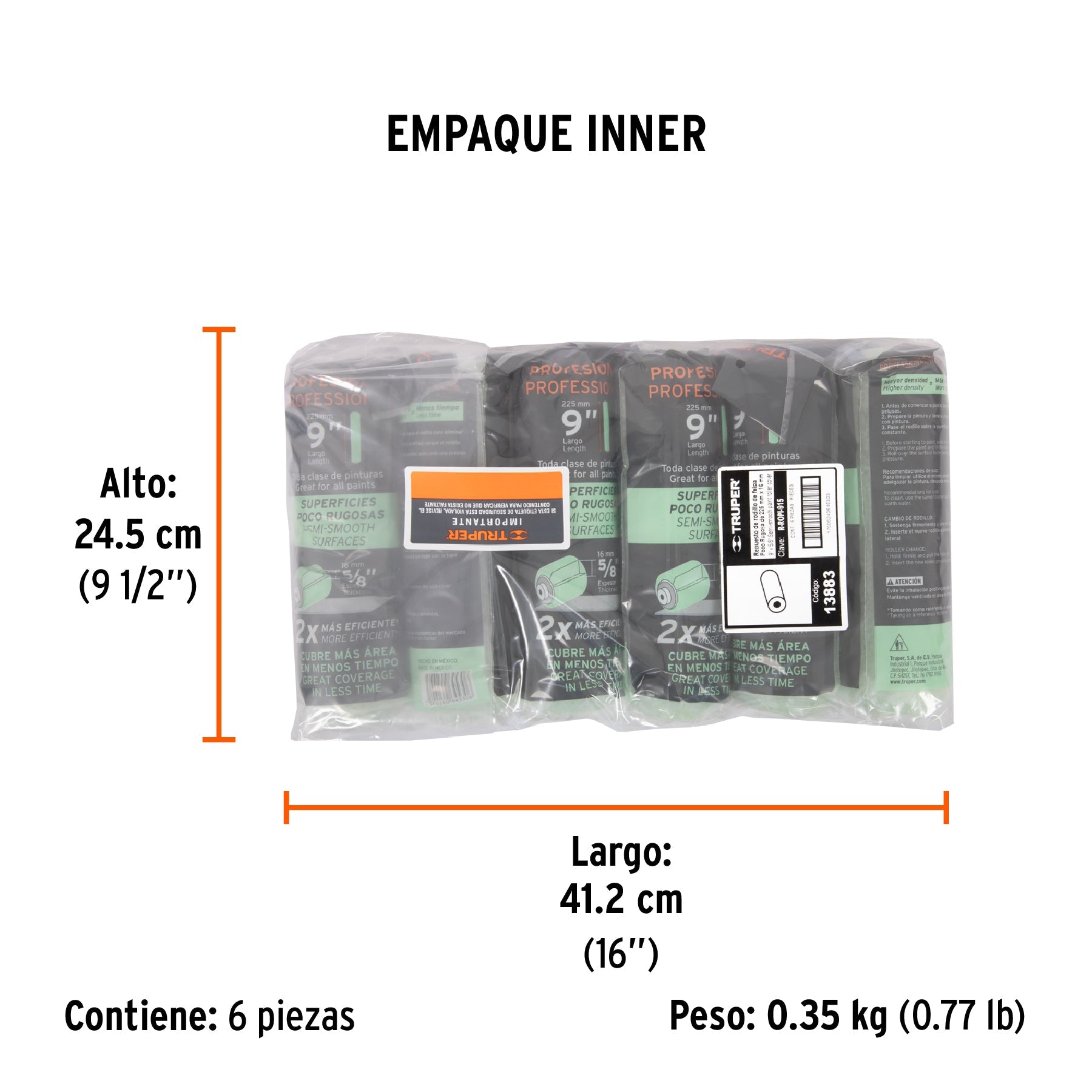 Felpa para rodillo 9 x 5/8" superficies poco rugosas, TRUPER - Empaque