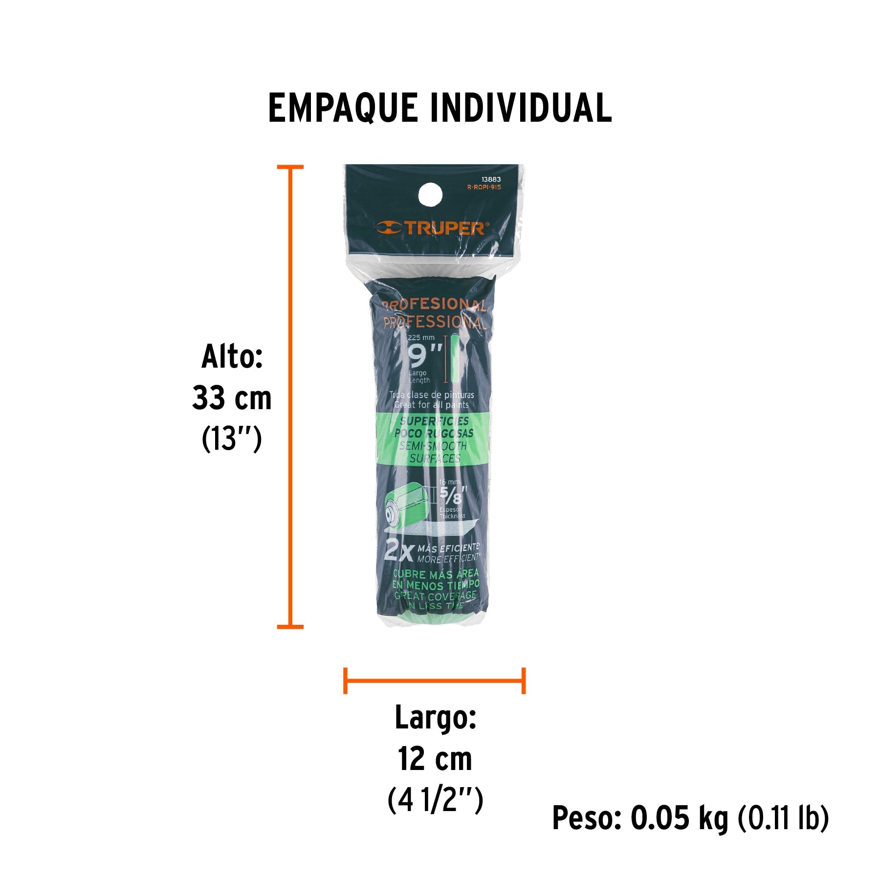 Felpa para rodillo 9 x 5/8" superficies poco rugosas, TRUPER - Empaque