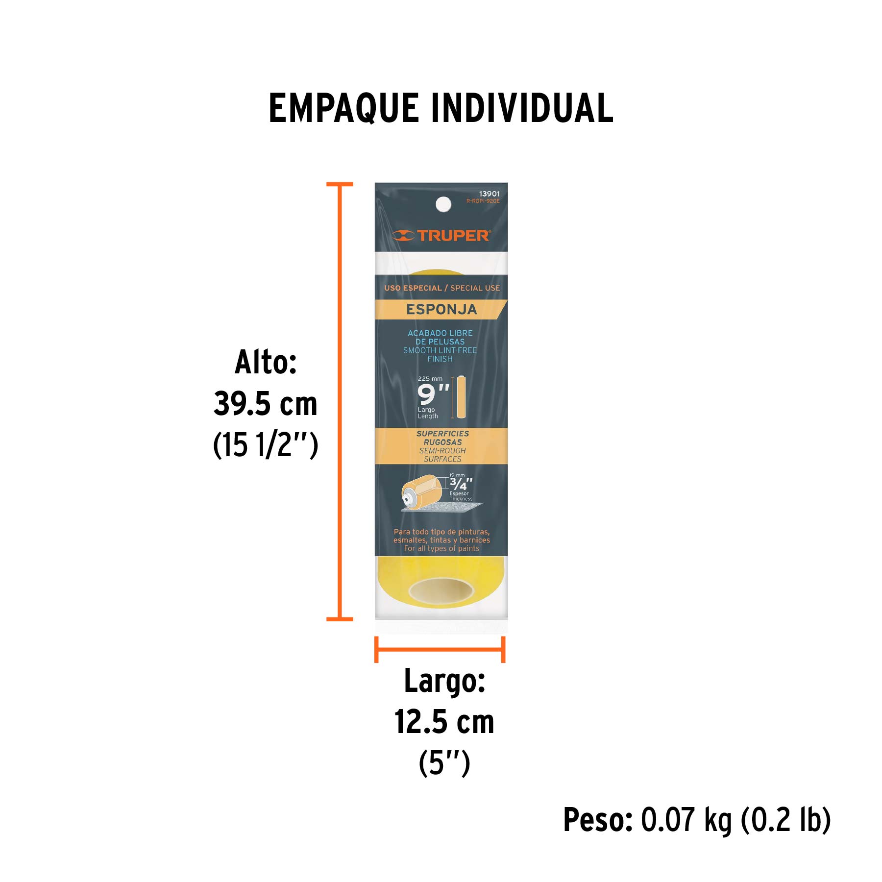 Felpa para rodillo 9 x 3/4" de esponja, superficies rugosas - Empaque