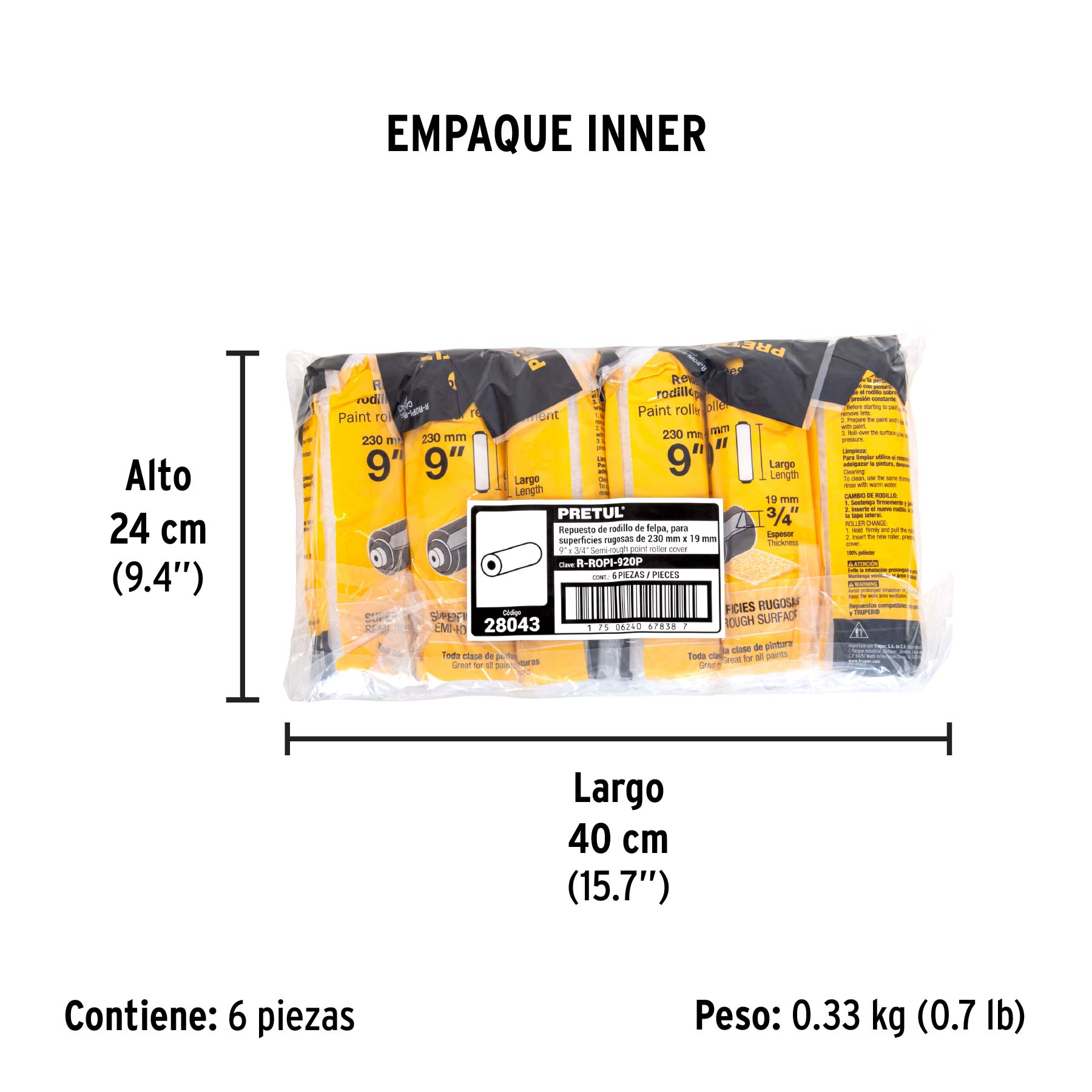 Felpa para rodillo 9 x 3/4" superficies rugosas, PRETUL - Empaque