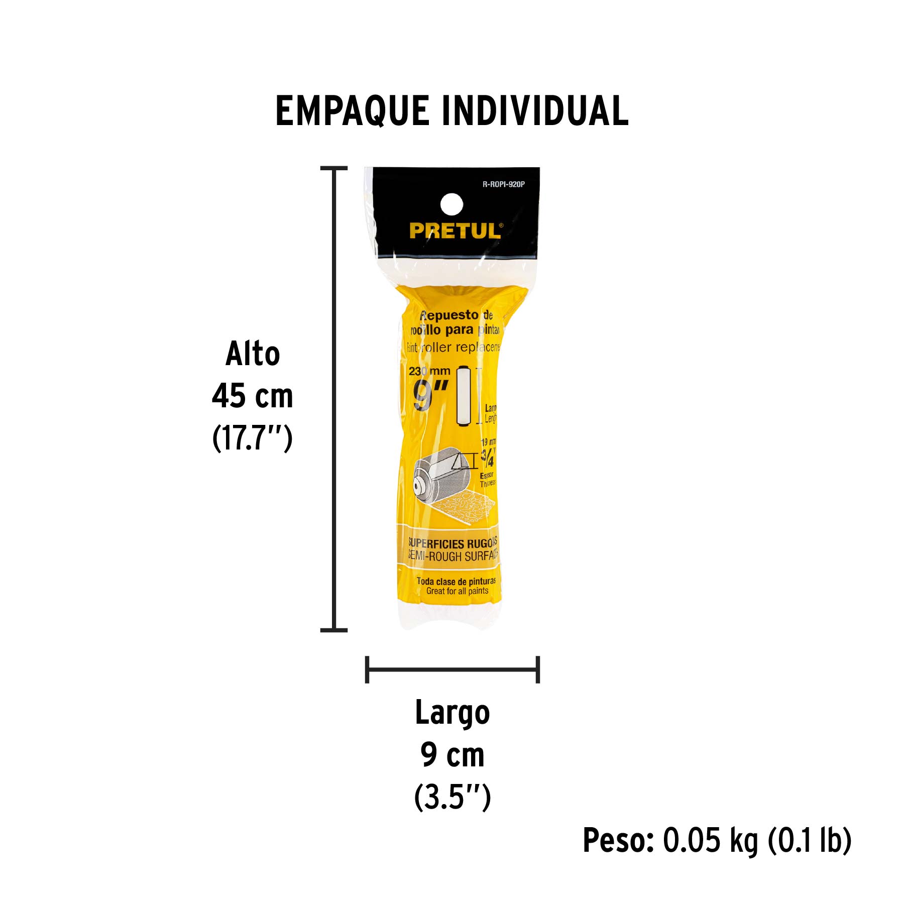 Felpa para rodillo 9 x 3/4" superficies rugosas, PRETUL - Empaque