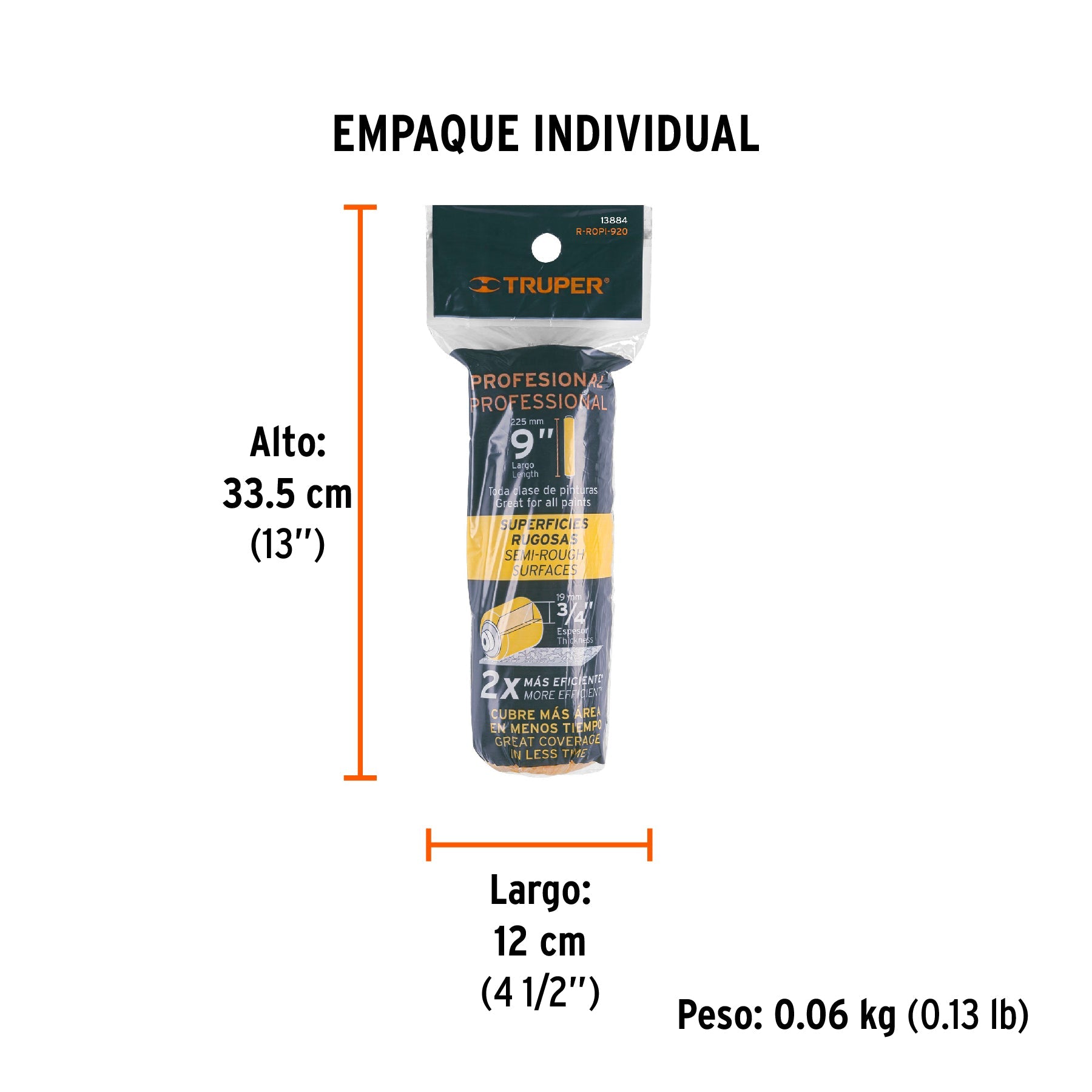 Felpa para rodillo 9 x 3/4" superficies rugosas, TRUPER - Empaque