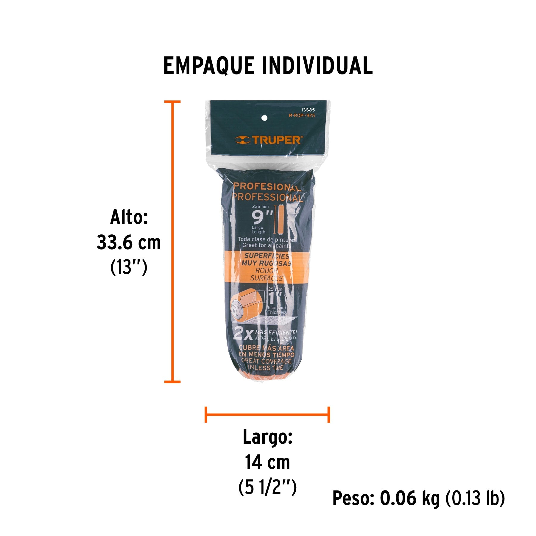 Felpa para rodillo 9 x 1" superficies muy rugosas, TRUPER - Empaque