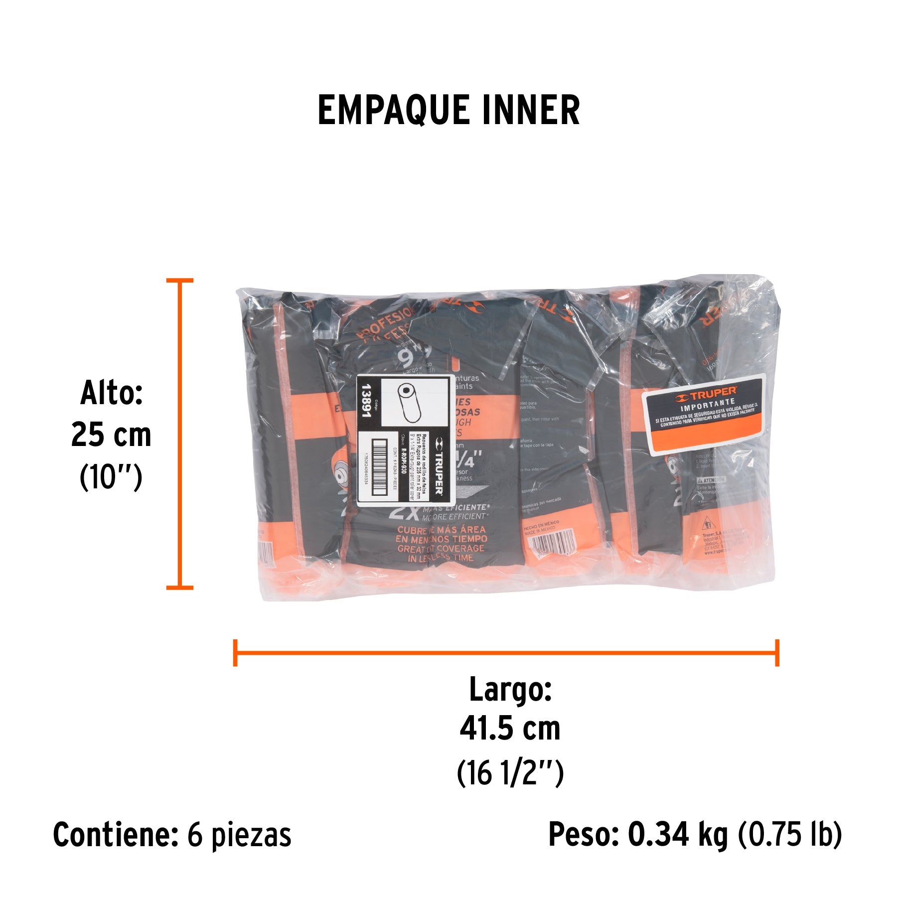 Felpa para rodillo 9x1-1/4" superficies extra rugosas,TRUPER - Empaque