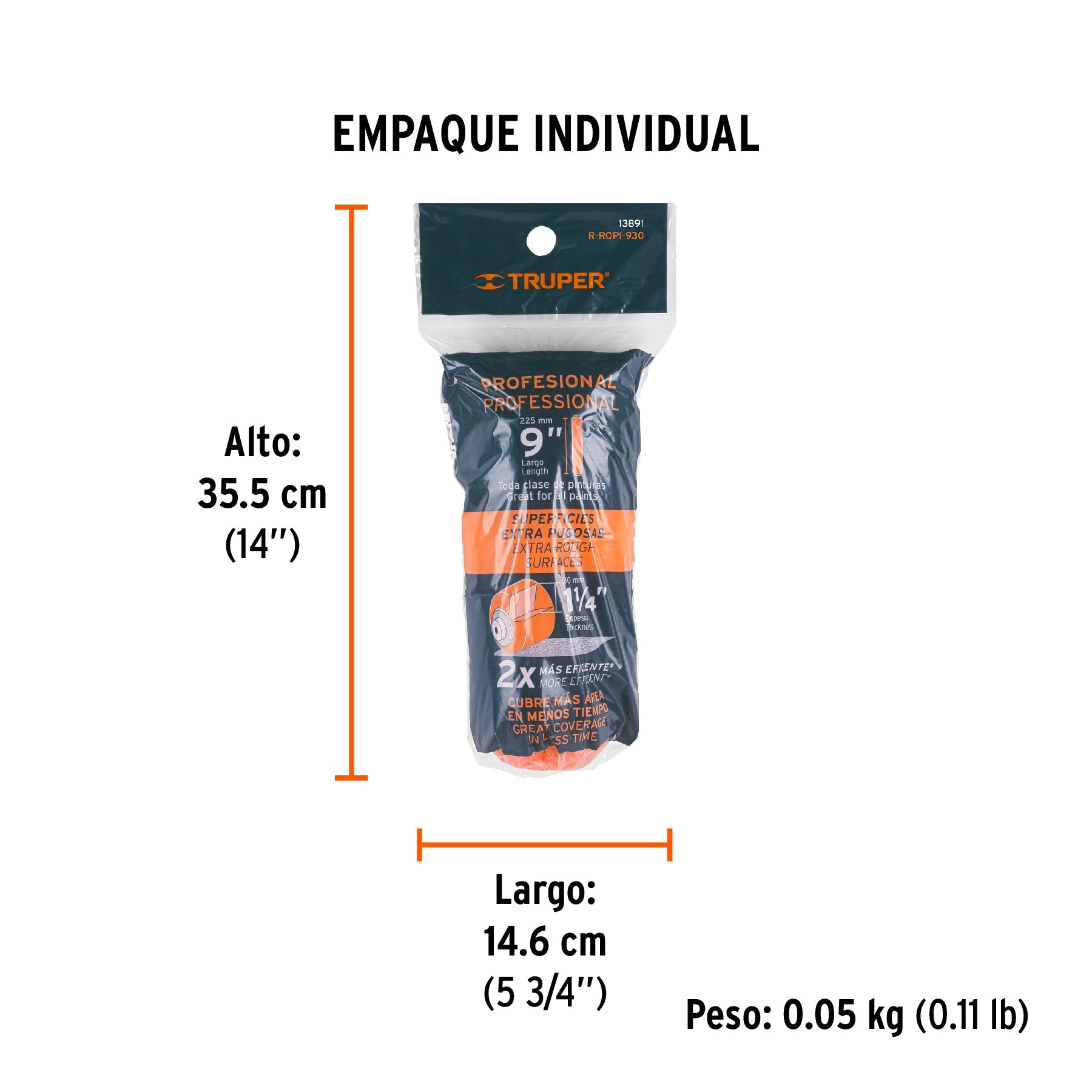 Felpa para rodillo 9x1-1/4" superficies extra rugosas,TRUPER - Empaque
