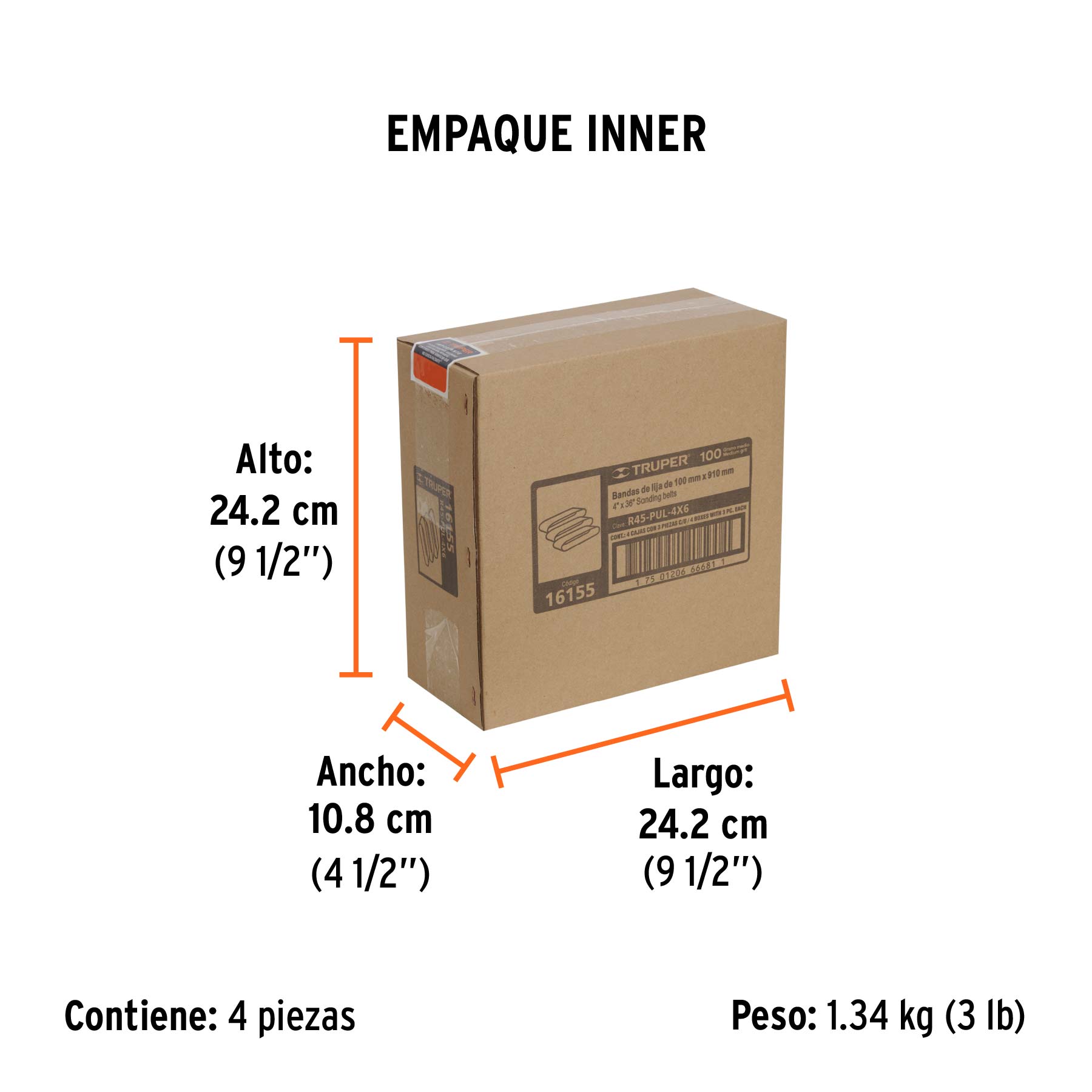 Caja con 3 bandas de lija 4" x 36" grano 100 para PUL-4X6T - Empaque