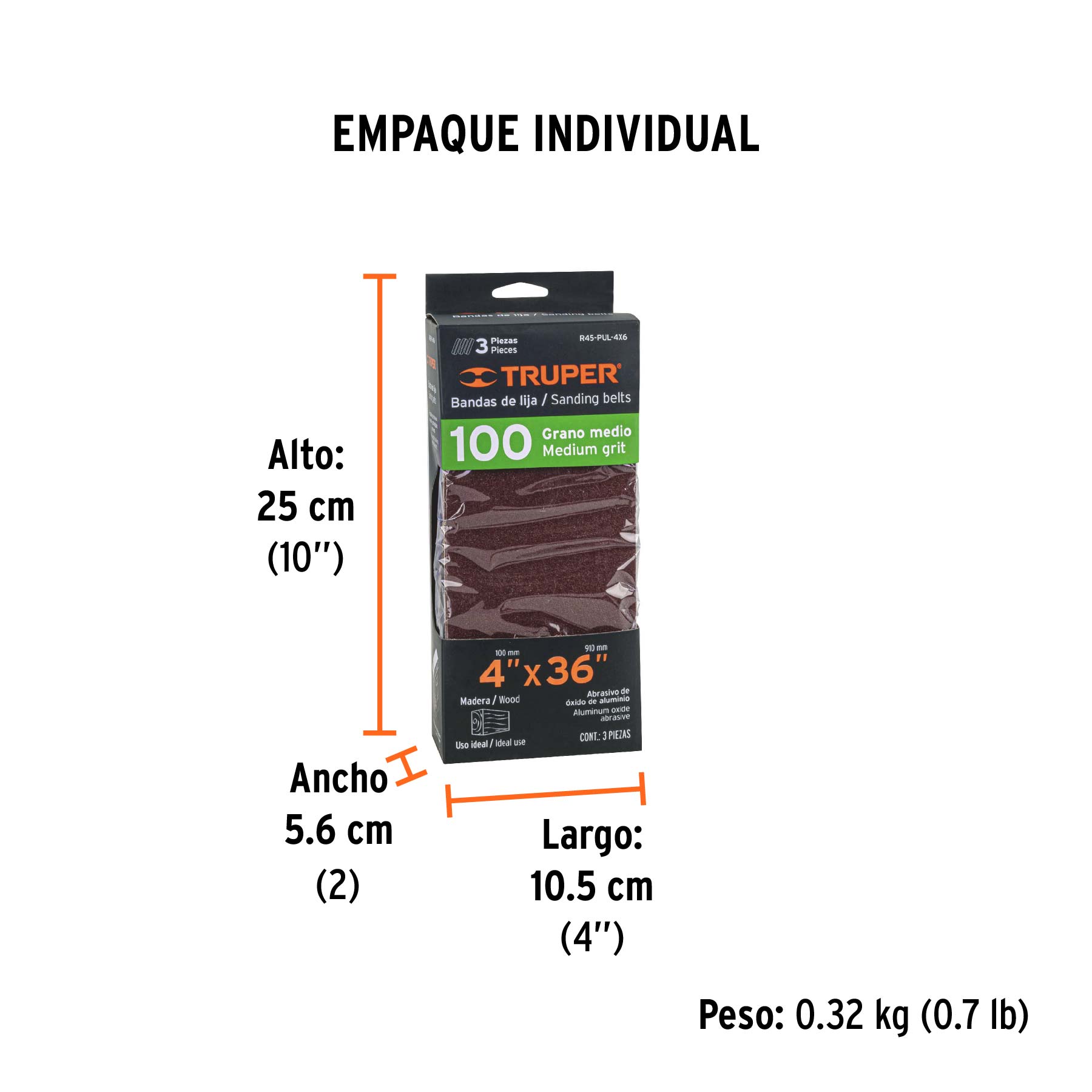 Caja con 3 bandas de lija 4" x 36" grano 100 para PUL-4X6T - Empaque