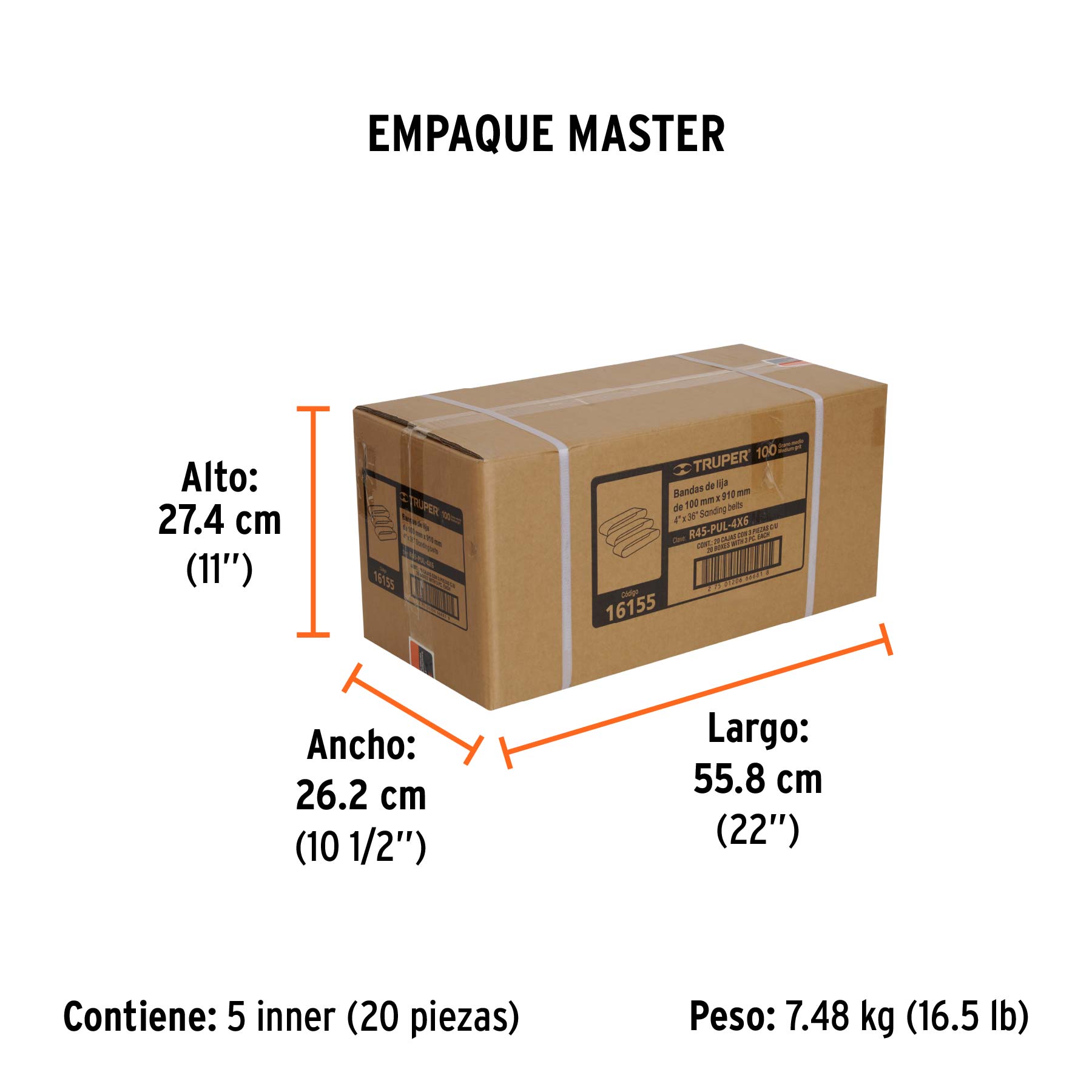 Caja con 3 bandas de lija 4" x 36" grano 100 para PUL-4X6T - Empaque