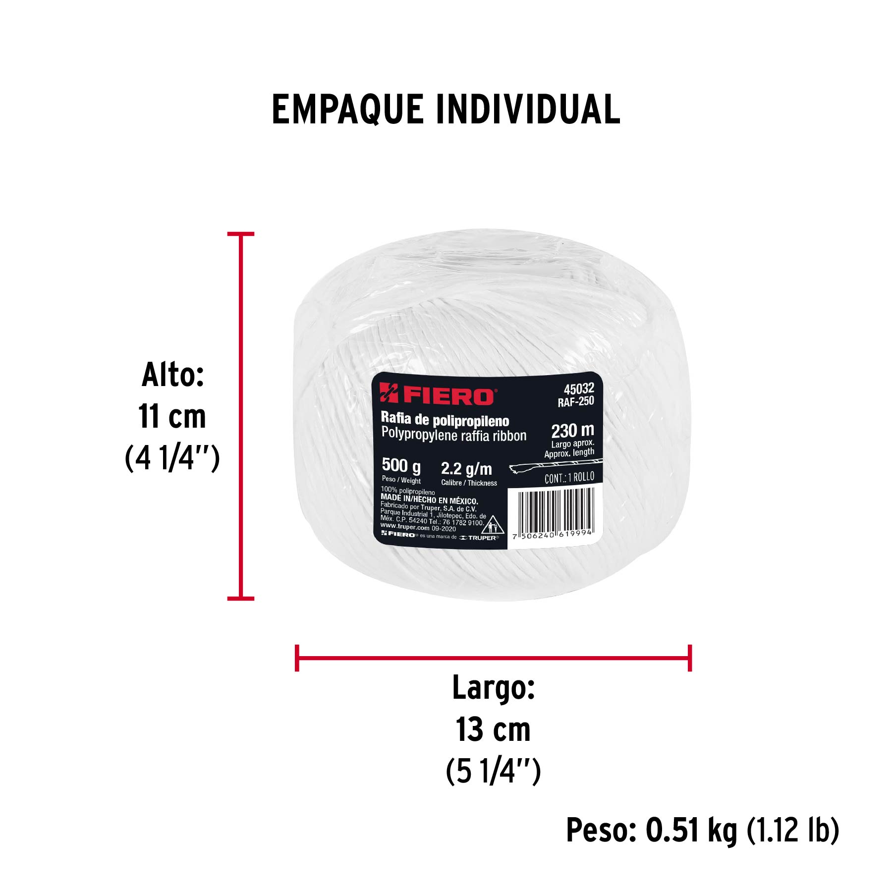 Rollo de rafia de 230 m color blanco calibre 2.2 g/m, FIERO - Empaque