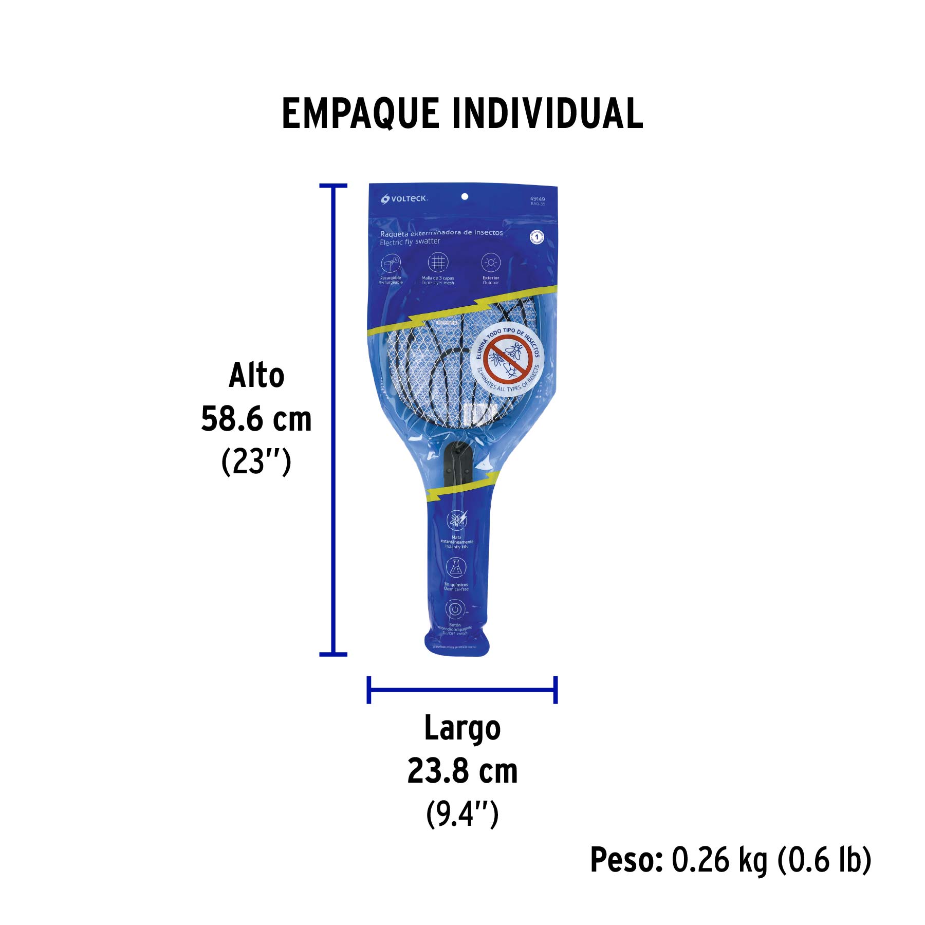 Raqueta mata moscas y mosquitos, recargable, VOLTECK - Empaque