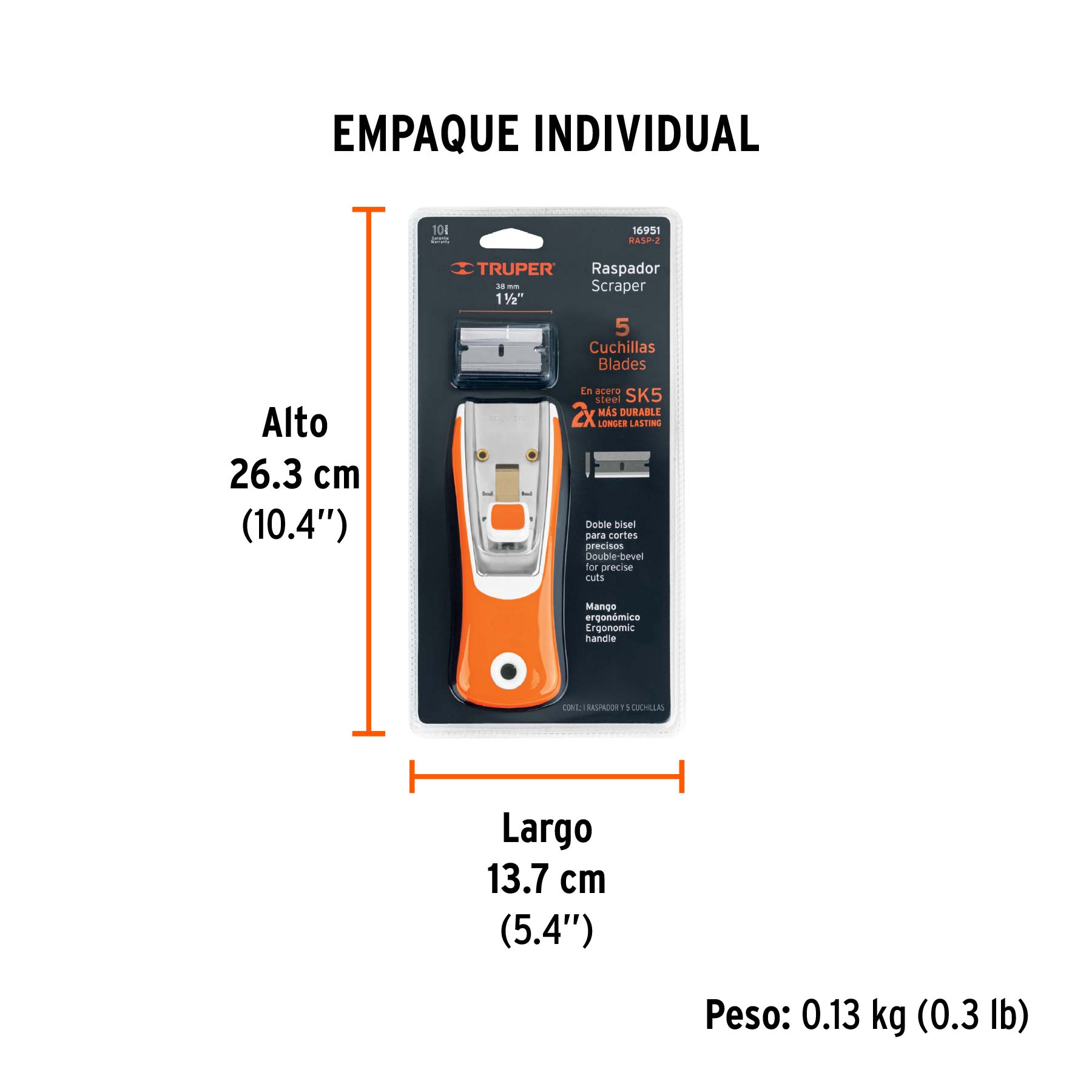 Raspador con cuchillas de 1-1/2", mango ergonómico, TRUPER - Empaque