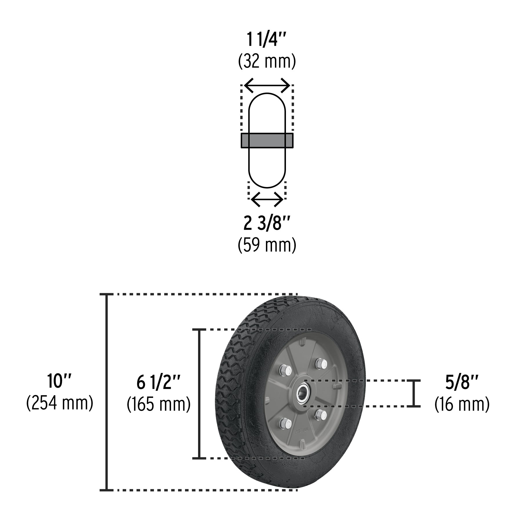 Rueda de hule sólido 10" para diablo, doble balero, PRETUL