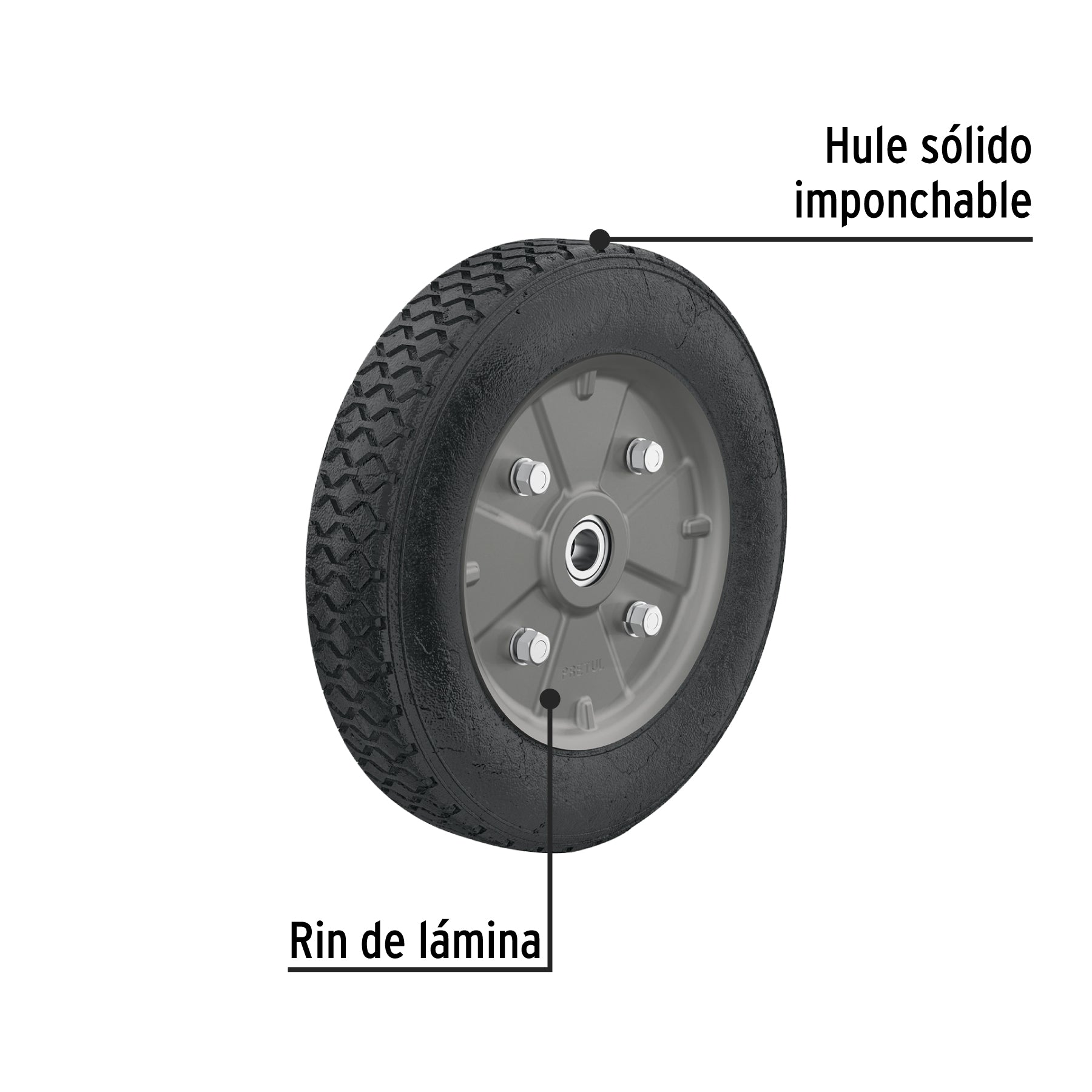 Rueda de hule sólido 10" para diablo, doble balero, PRETUL