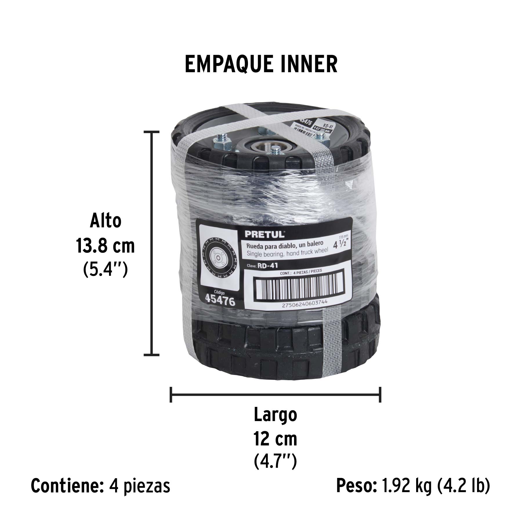 Rueda de hule sólido 4-1/2" para diablo, un balero, PRETUL - Empaque