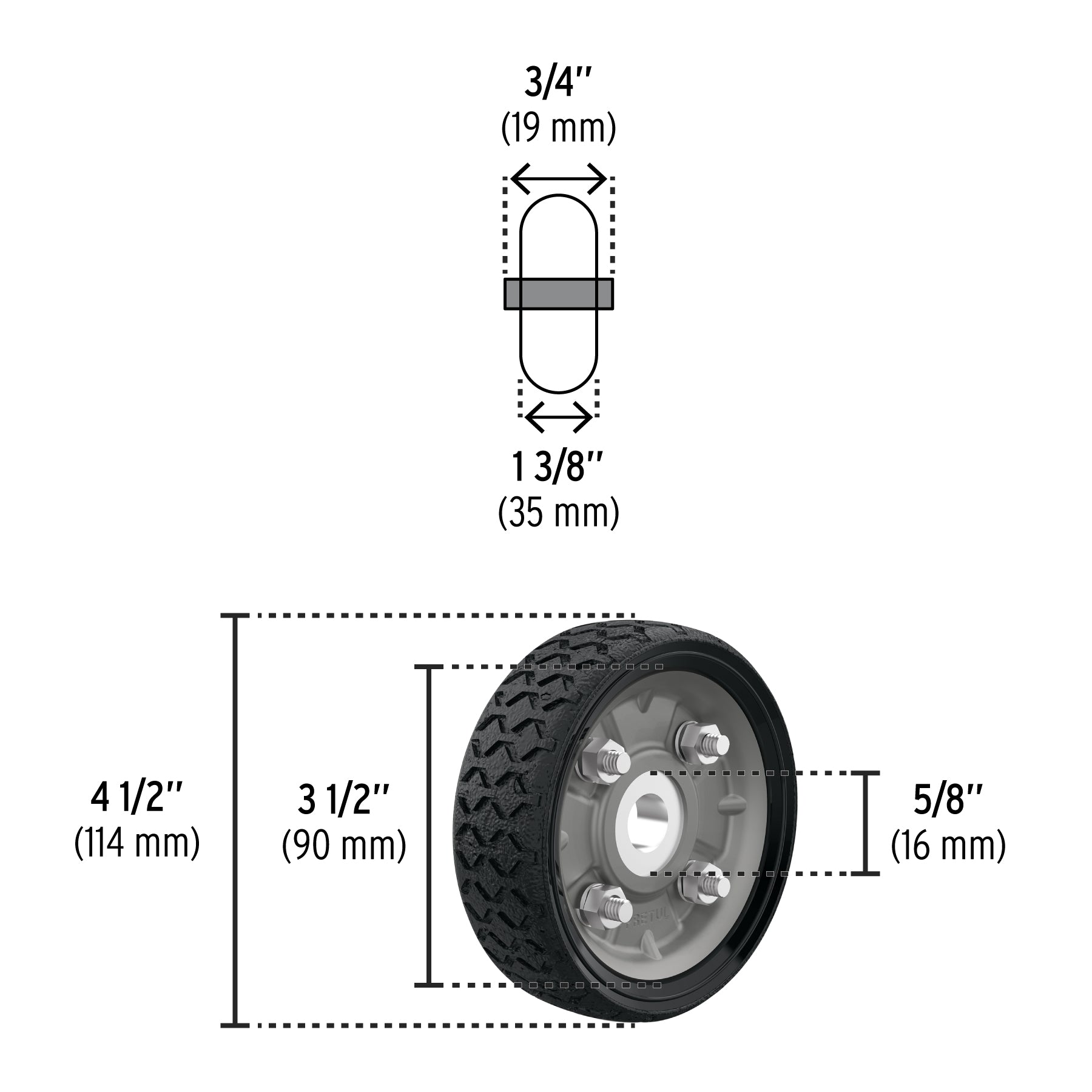 Rueda de hule sólido 4-1/2" para diablo, un balero, PRETUL