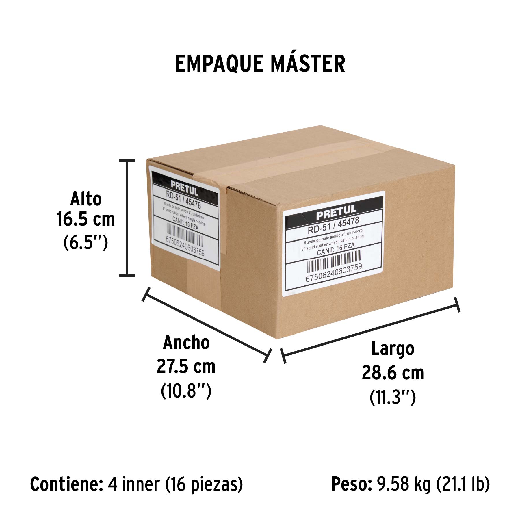 Rueda de hule sólido 5" para diablo, un balero, PRETUL - Empaque