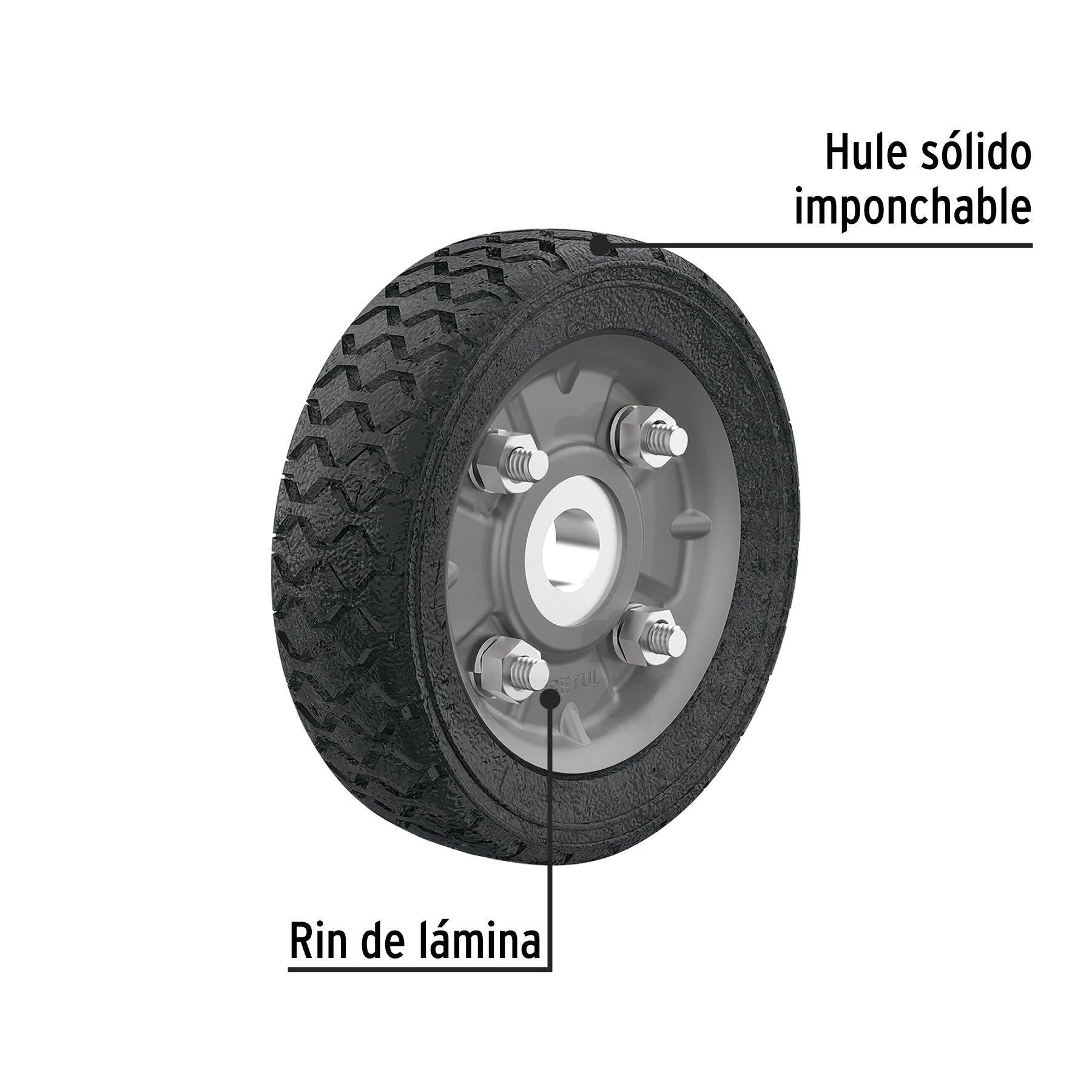 Rueda de hule sólido 5" para diablo, un balero, PRETUL