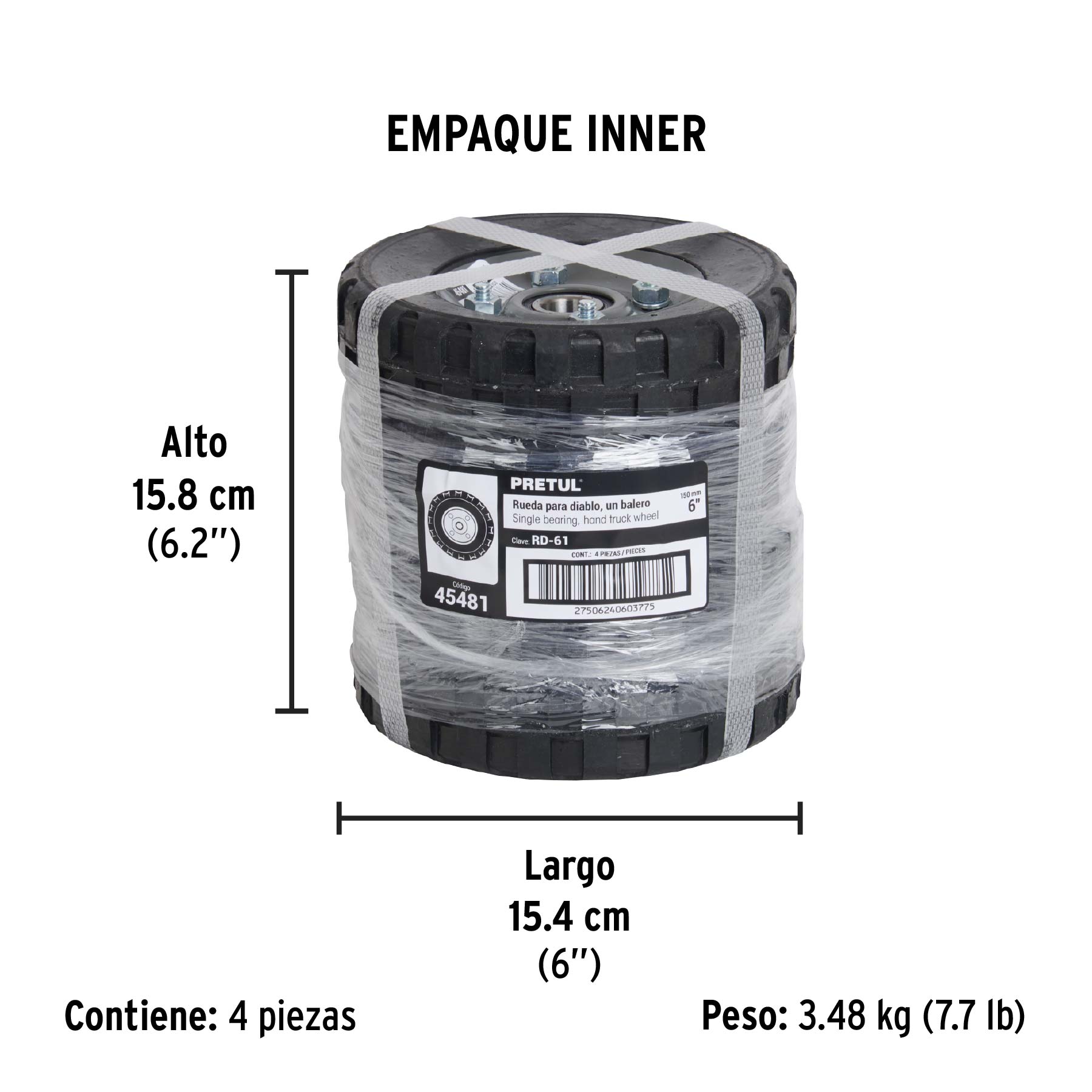 Rueda de hule sólido 6" para diablo, un balero, PRETUL - Empaque