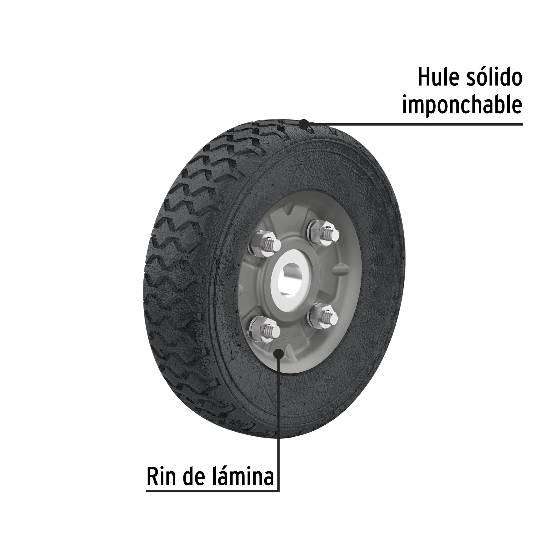 Rueda de hule sólido 6" para diablo, un balero, PRETUL