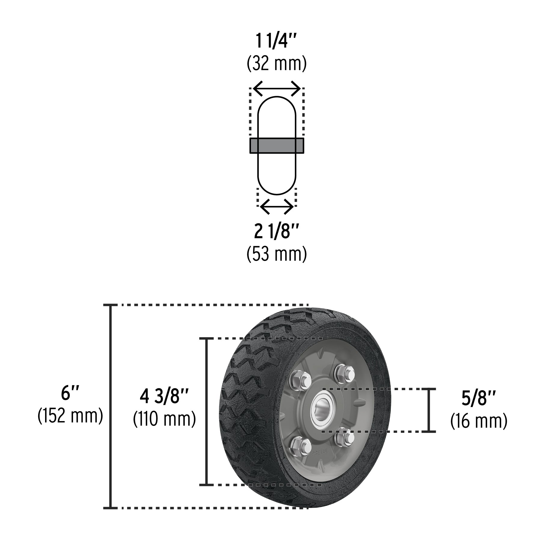 Rueda de hule sólido 6" para diablo, doble balero, PRETUL