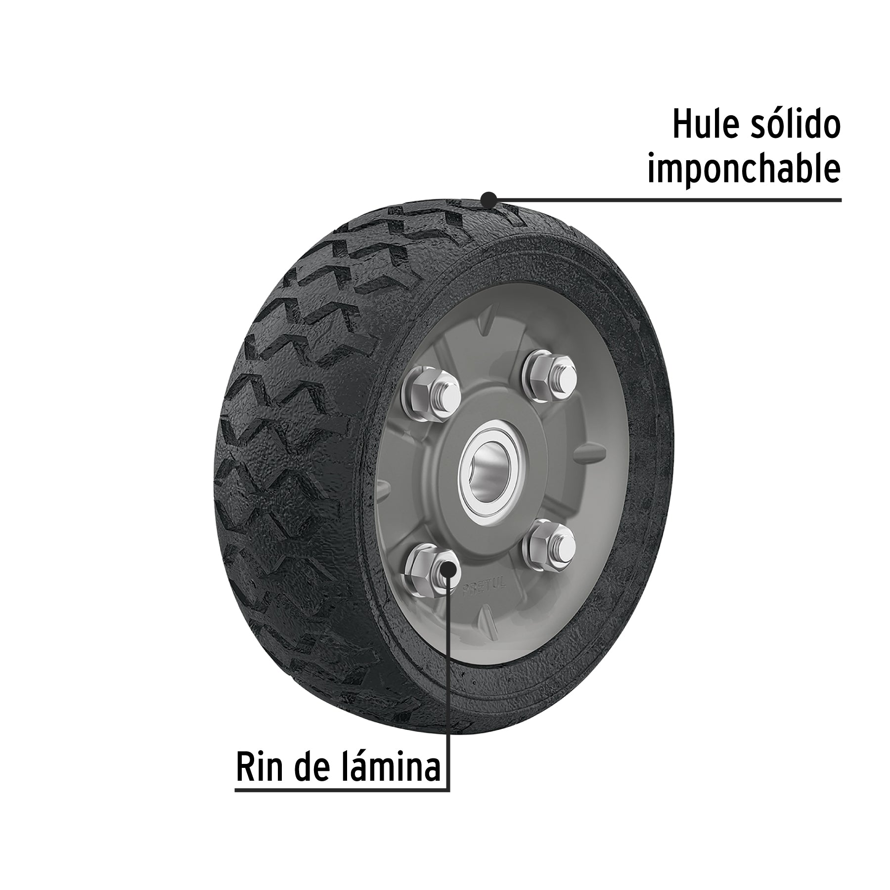 Rueda de hule sólido 6" para diablo, doble balero, PRETUL