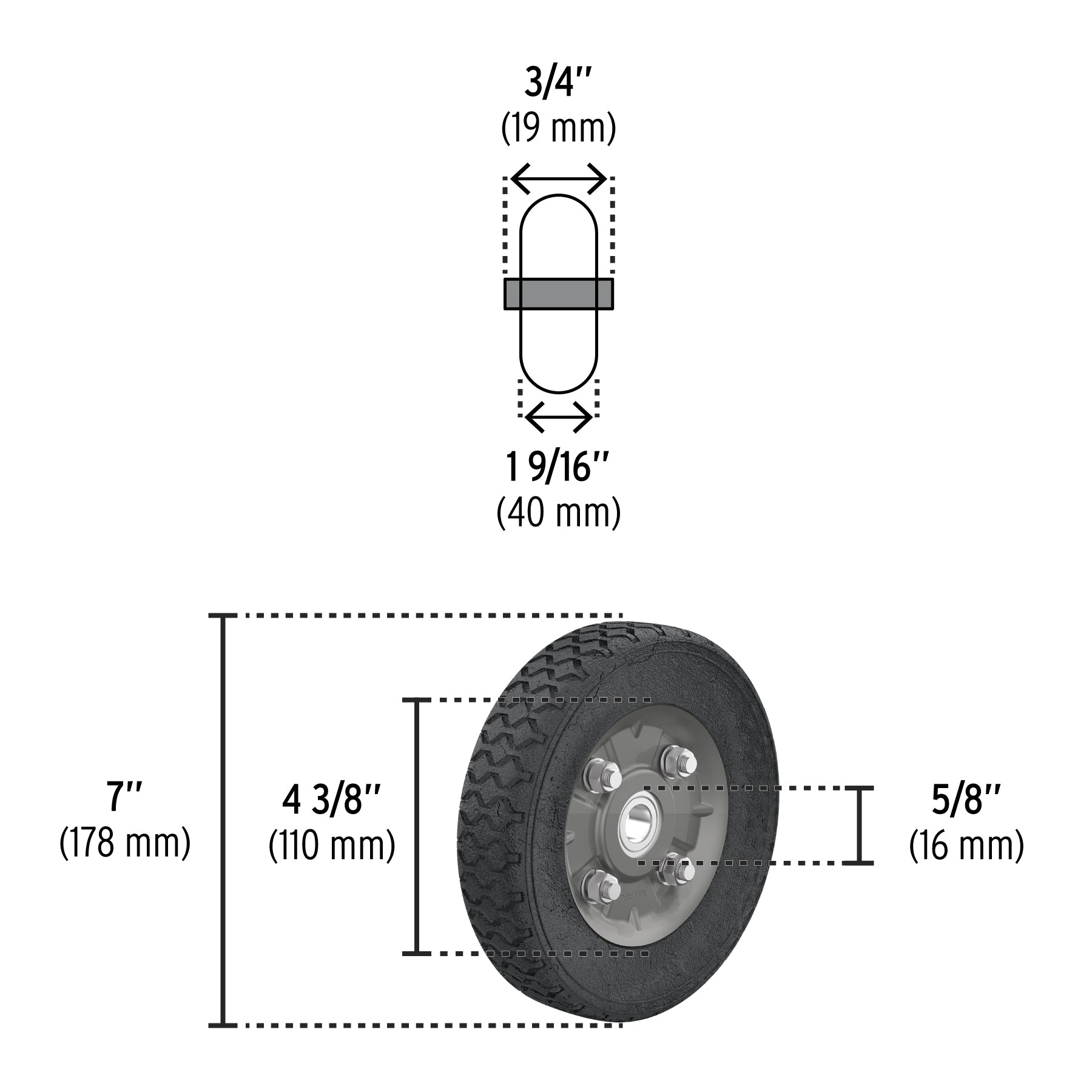 Rueda de hule sólido 7" para diablo, un balero, PRETUL