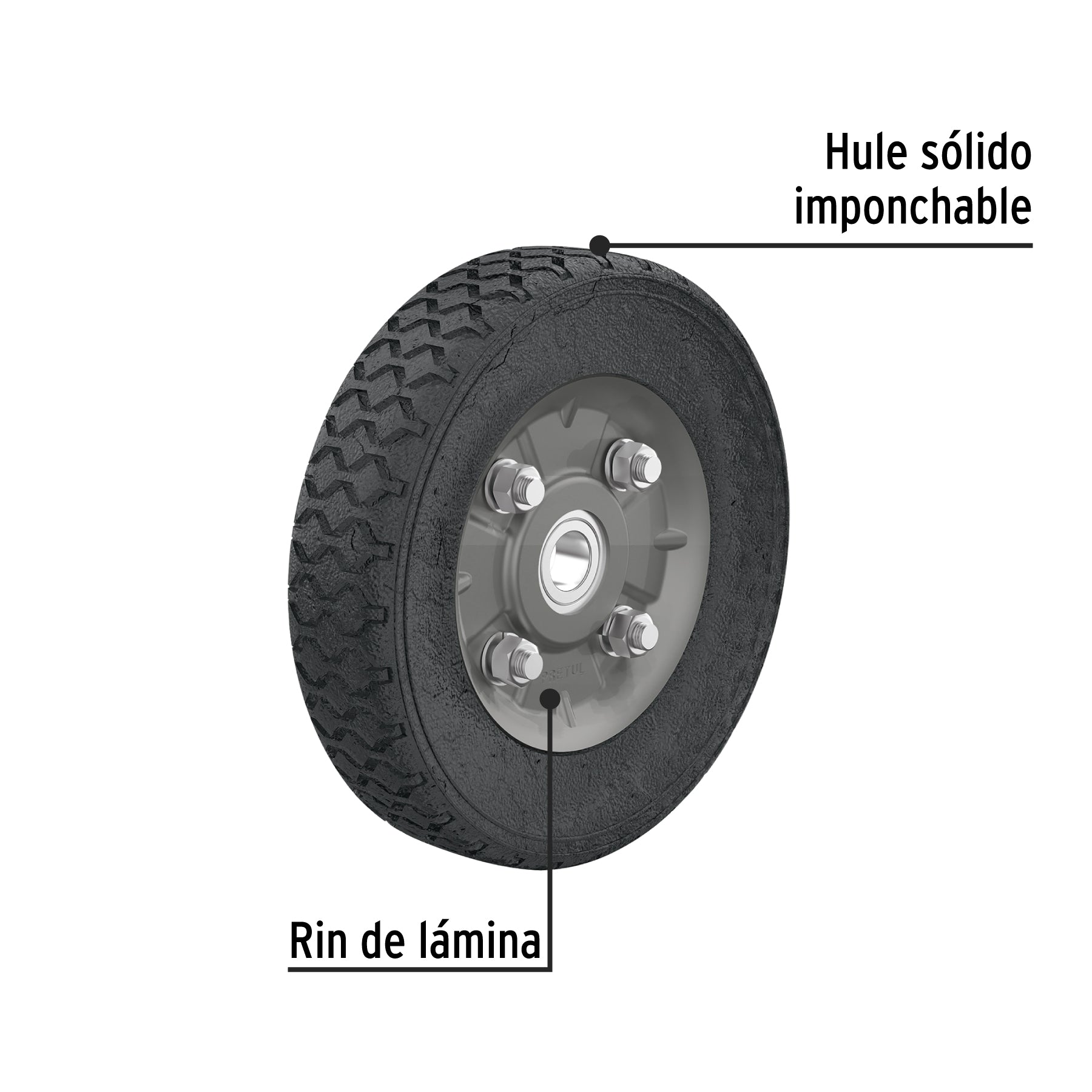 Rueda de hule sólido 7" para diablo, un balero, PRETUL