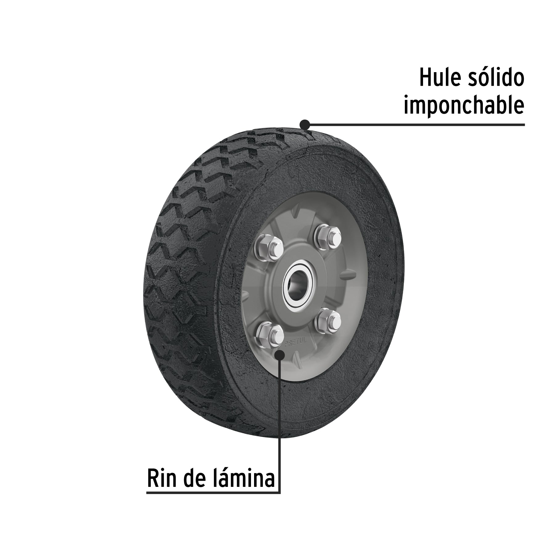 Rueda de hule sólido 7" para diablo, doble balero, PRETUL