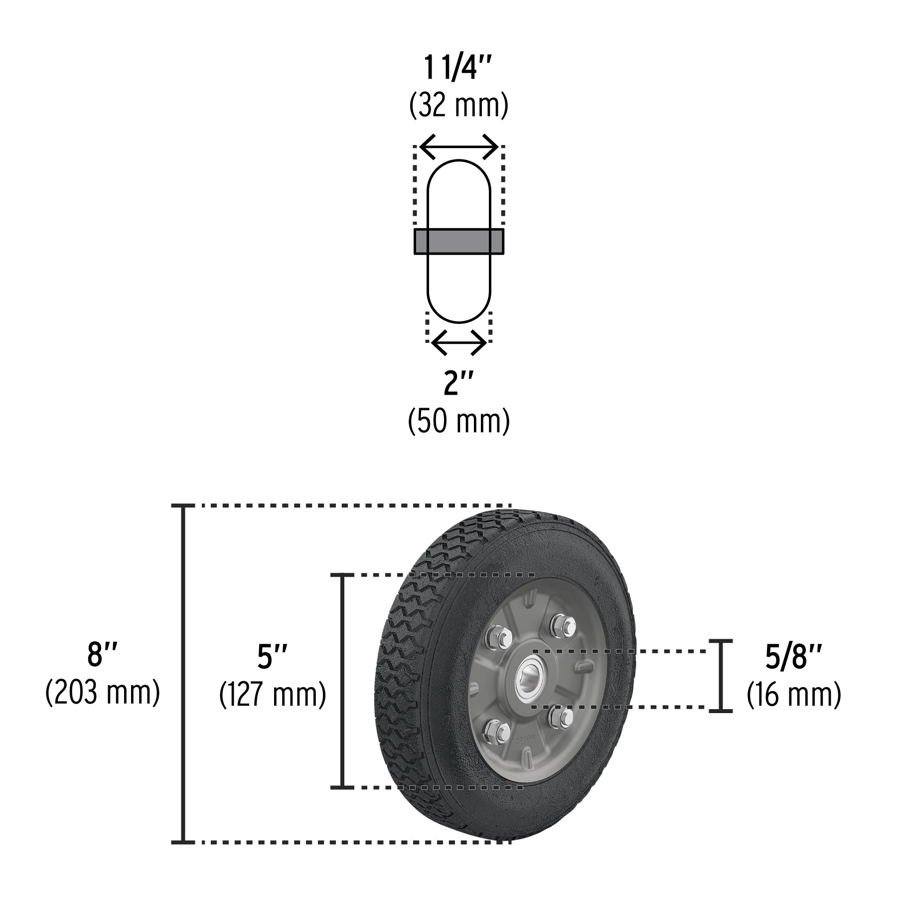 Rueda de hule sólido 8" para diablo, doble balero, PRETUL