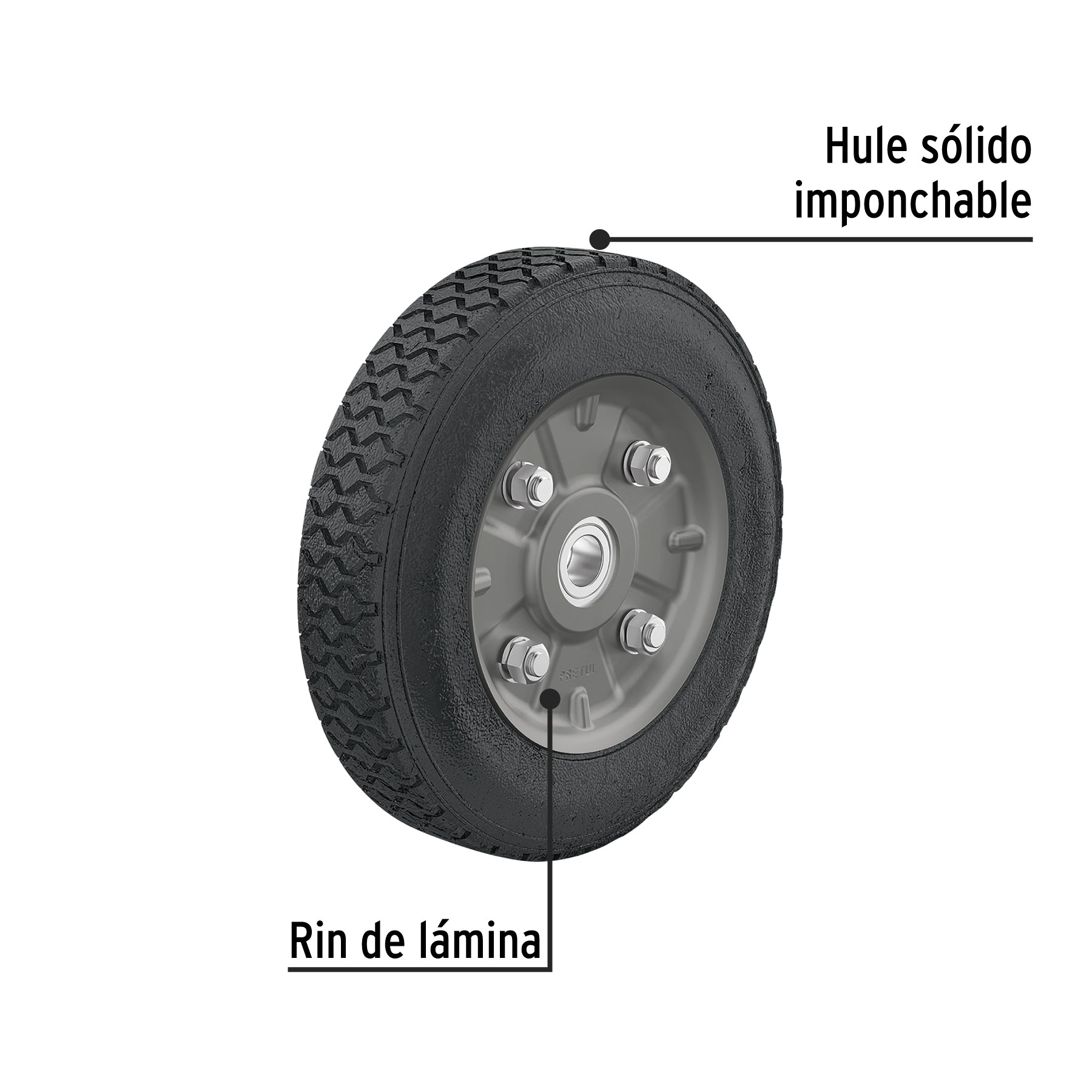 Rueda de hule sólido 8" para diablo, doble balero, PRETUL