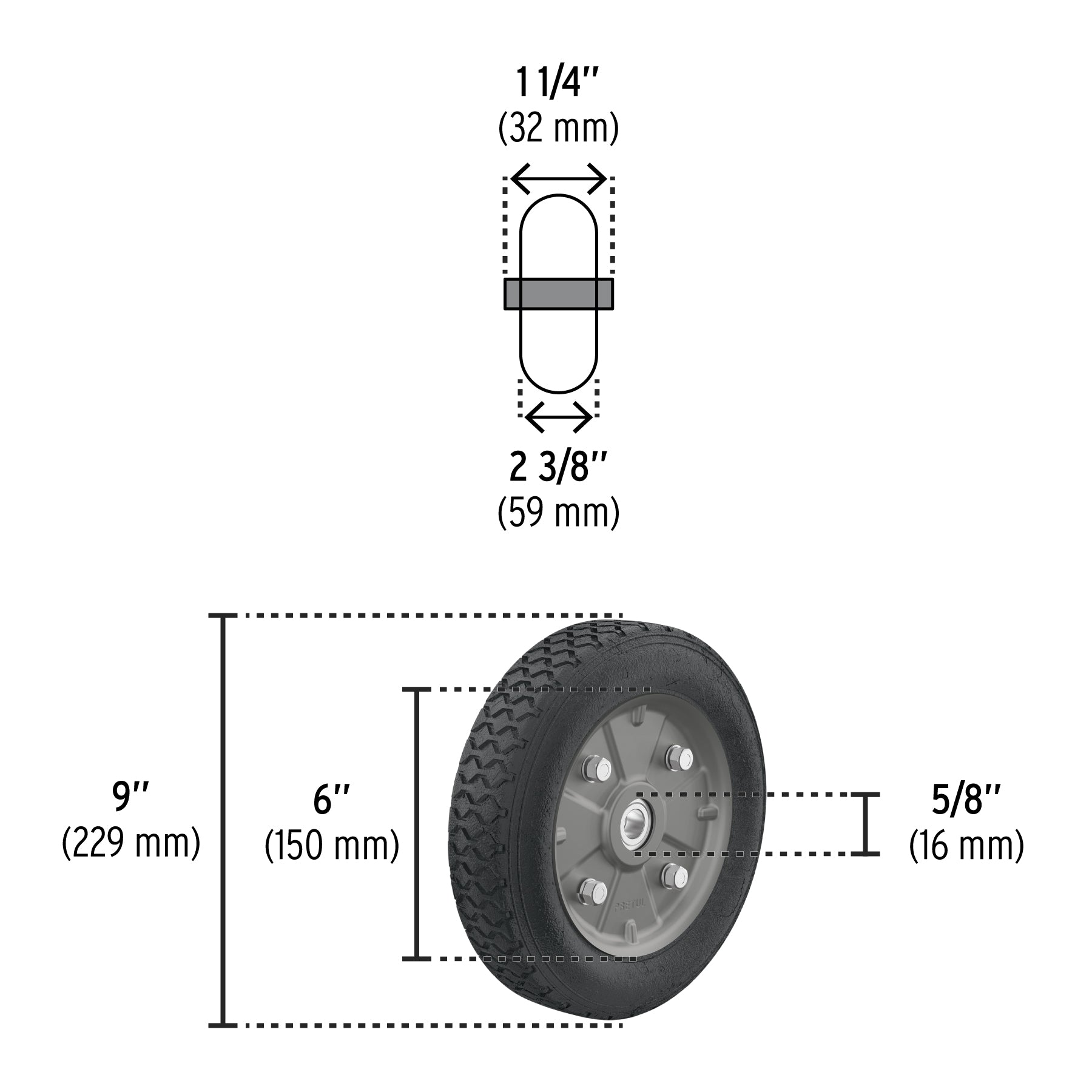 Rueda de hule sólido 9" para diablo, doble balero, PRETUL