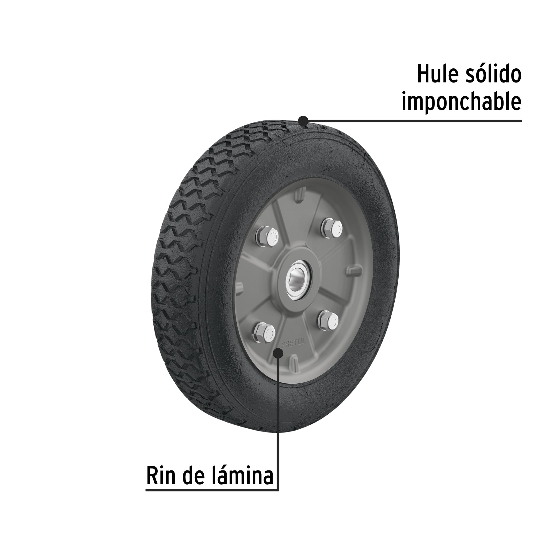 Rueda de hule sólido 9" para diablo, doble balero, PRETUL