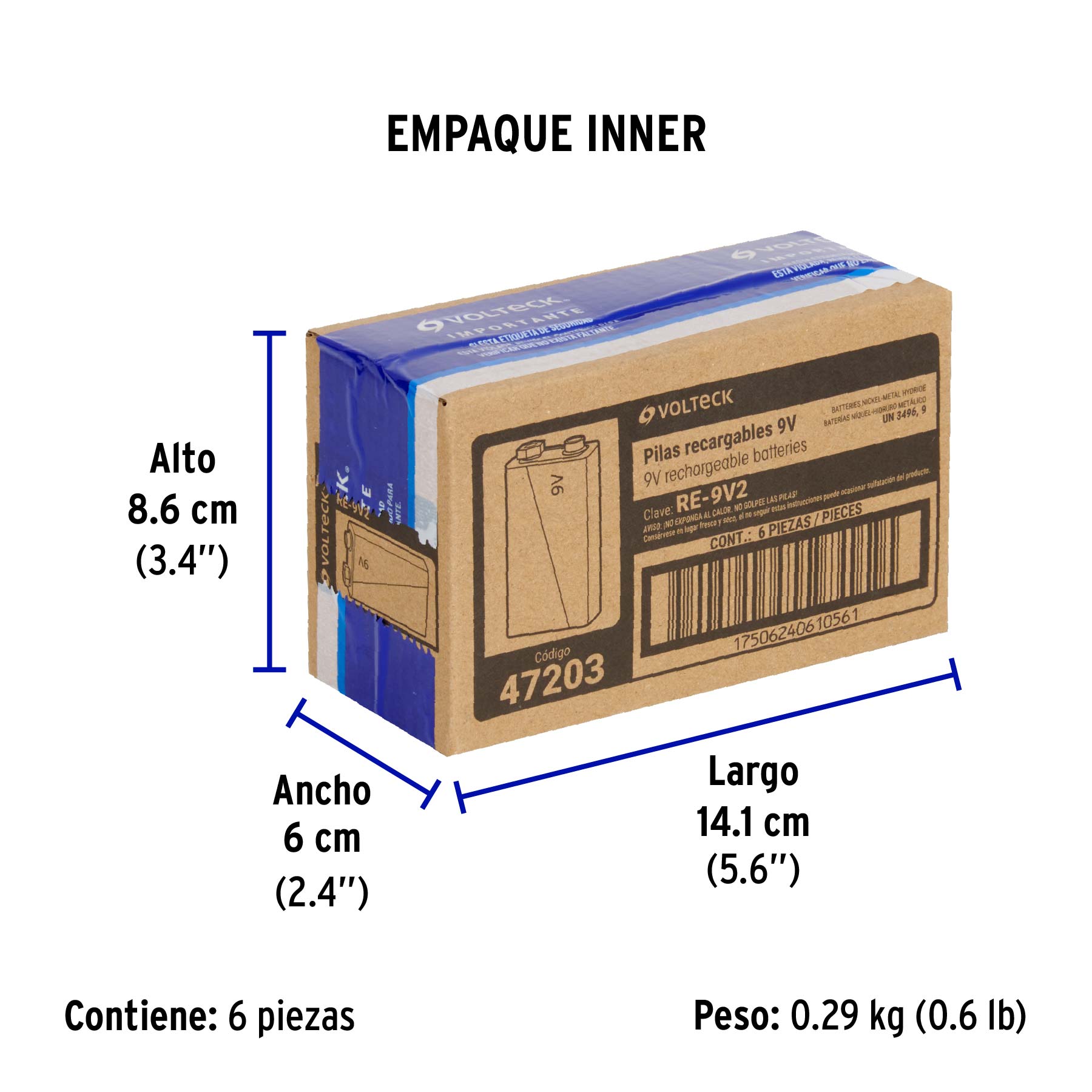Blíster con 1 Pila recargable 9V uso general, 250 mAh - Empaque