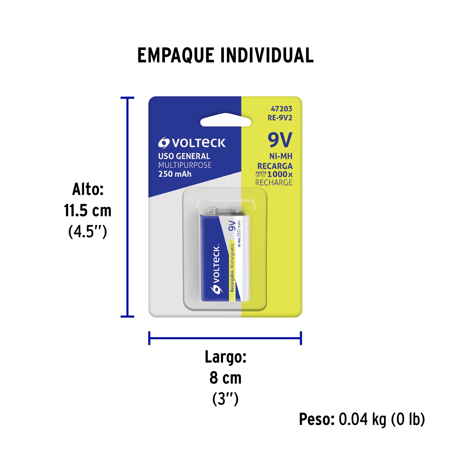 Blíster con 1 Pila recargable 9V uso general, 250 mAh - Empaque