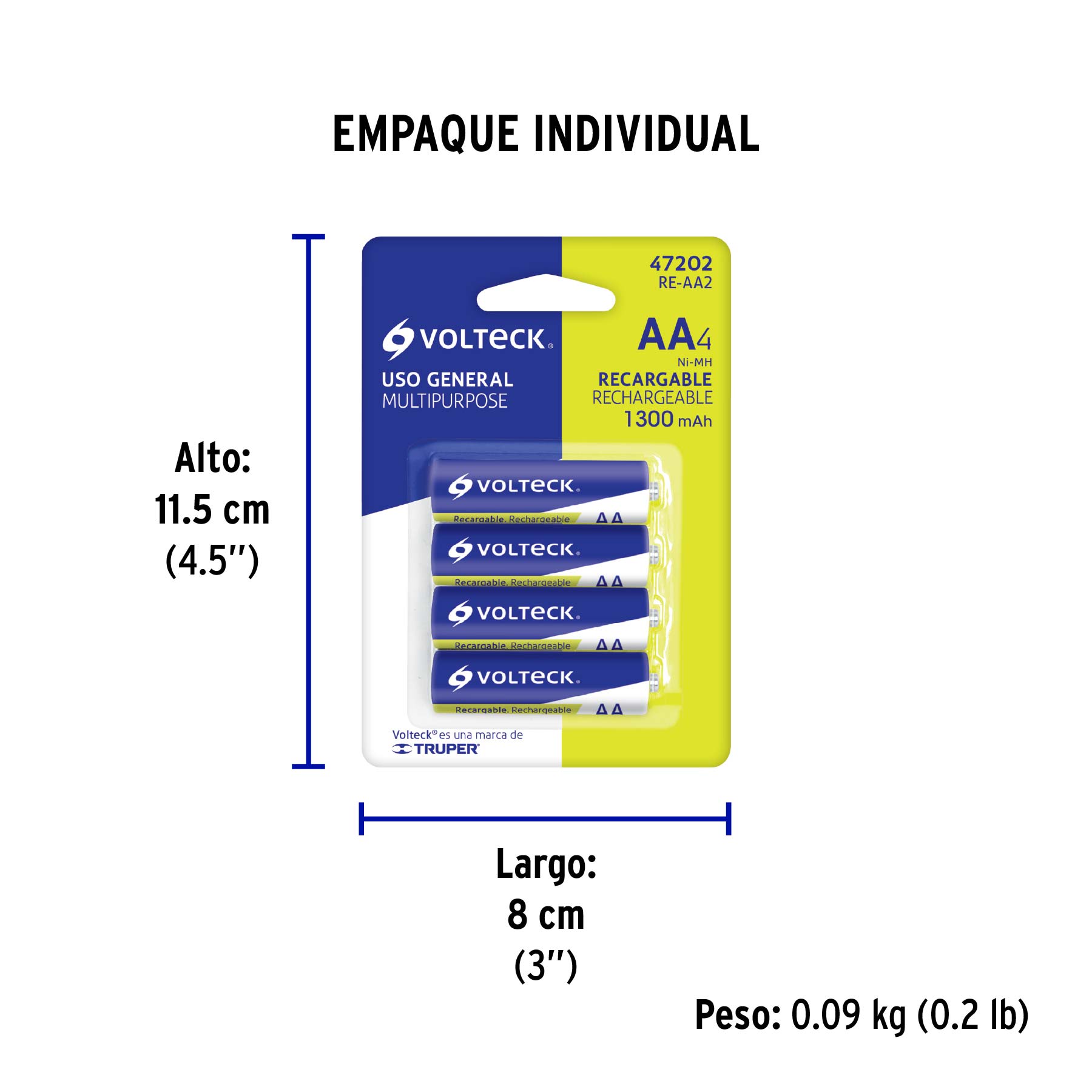 Blíster con 4 pilas recargables AA uso general, 1300 mAh - Empaque