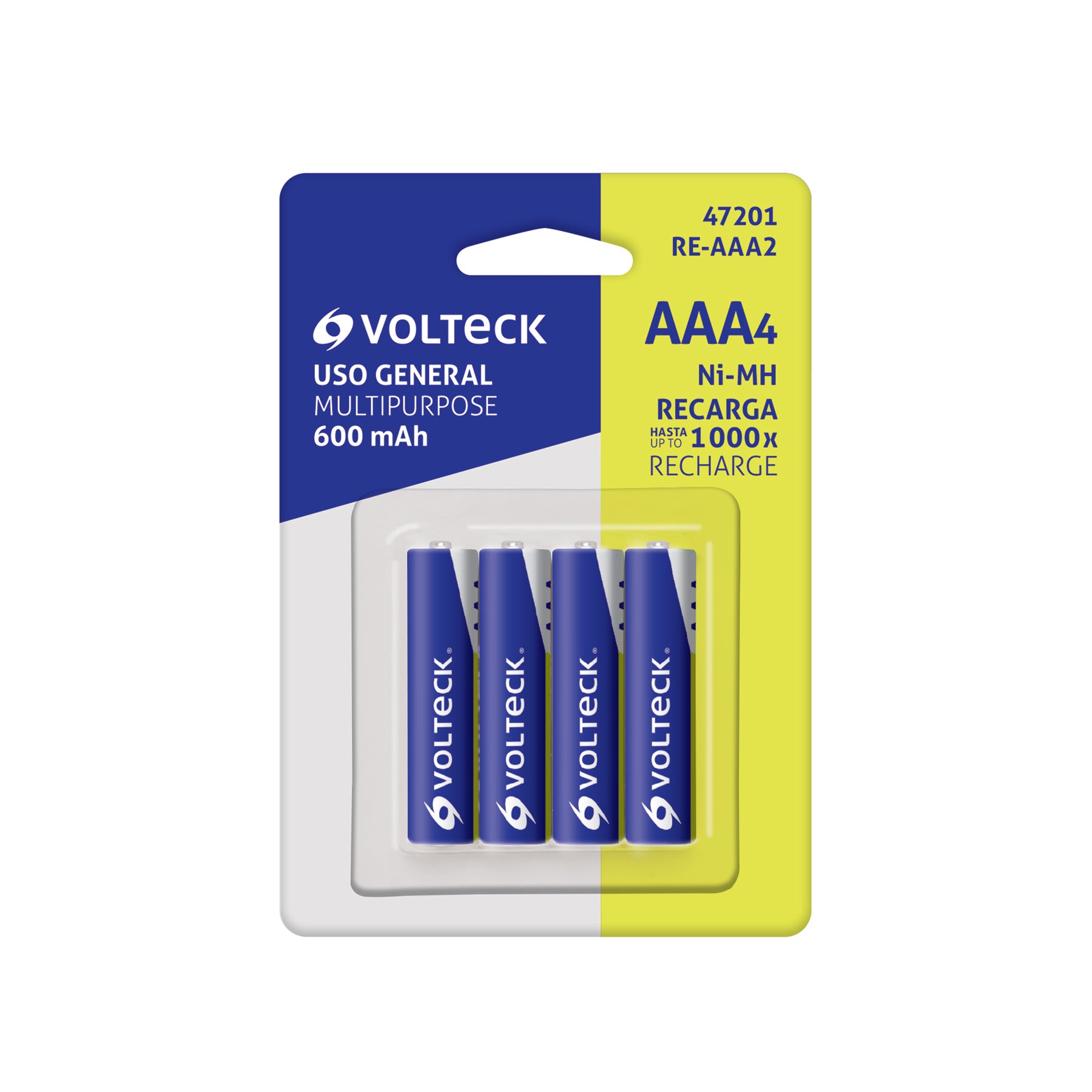 Blíster con 4 pilas recargables AAA uso general, 600 mAh