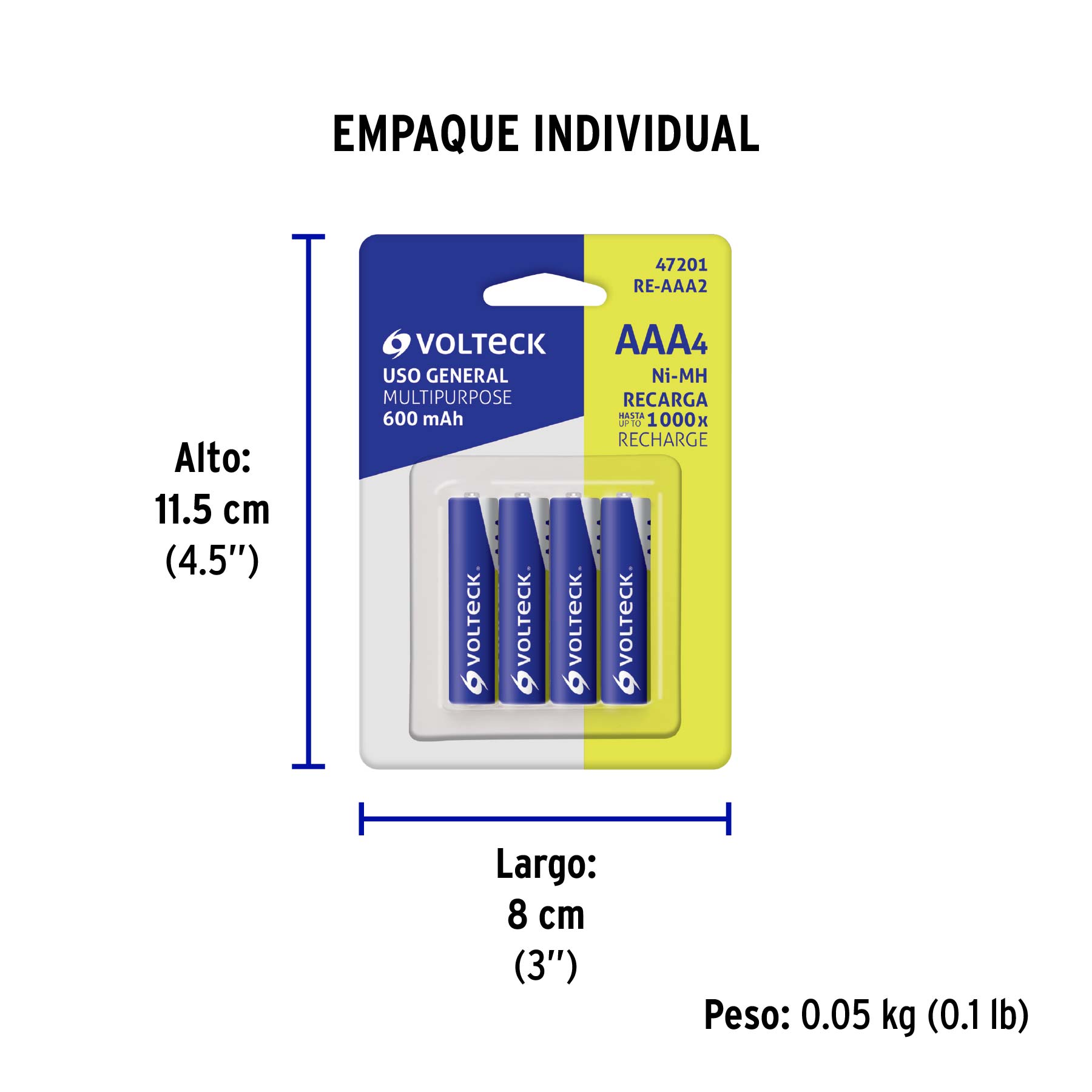 Blíster con 4 pilas recargables AAA uso general, 600 mAh - Empaque