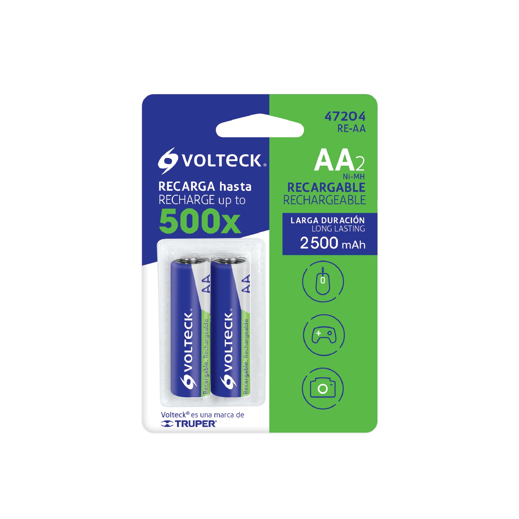 Blíster con 2 pilas recargables AA larga duración, 2500 mAh