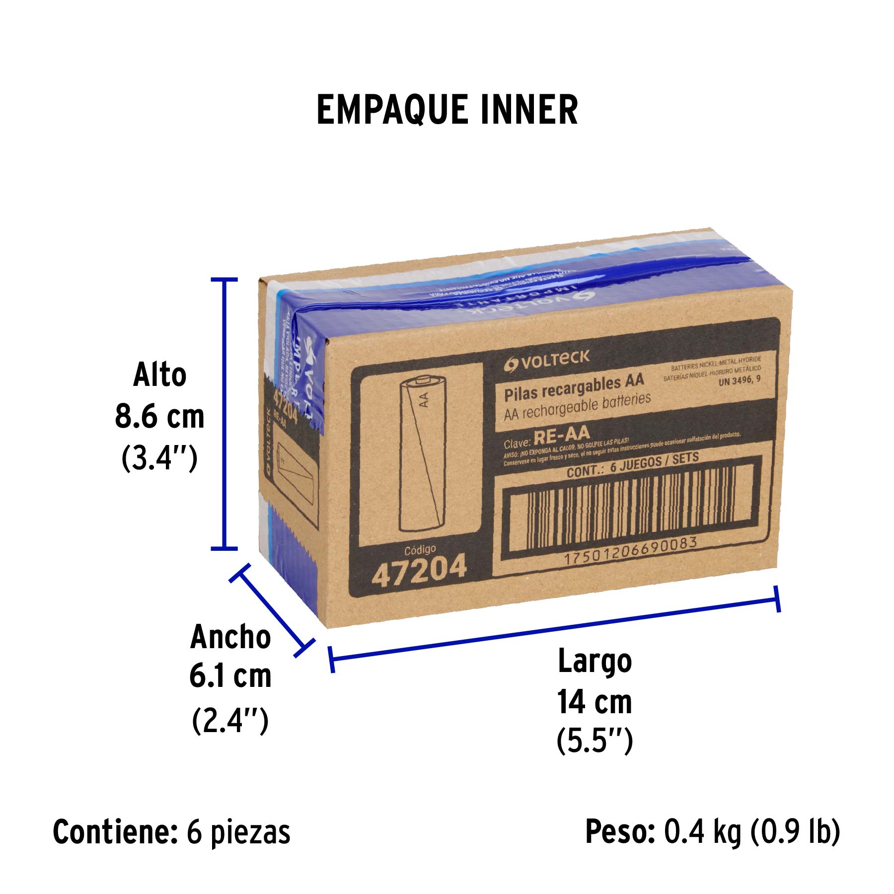 Blíster con 2 pilas recargables AA larga duración, 2500 mAh - Empaque