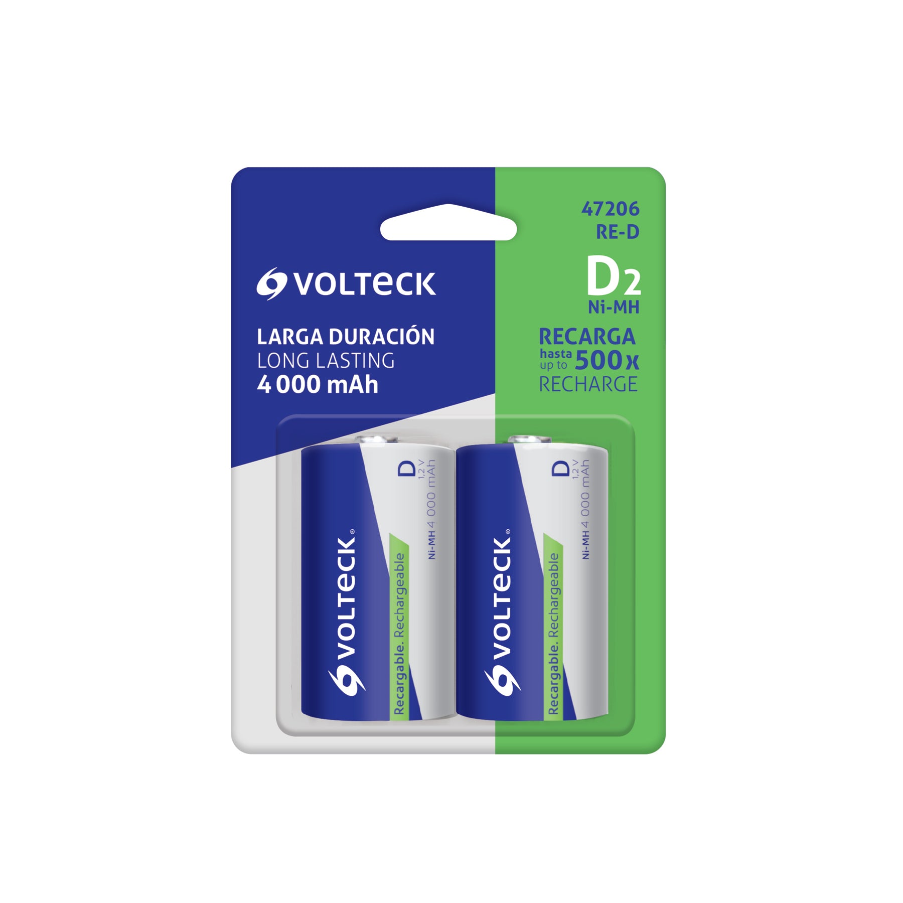 Blíster con 2 pilas recargables D larga duración, 4000 mAh