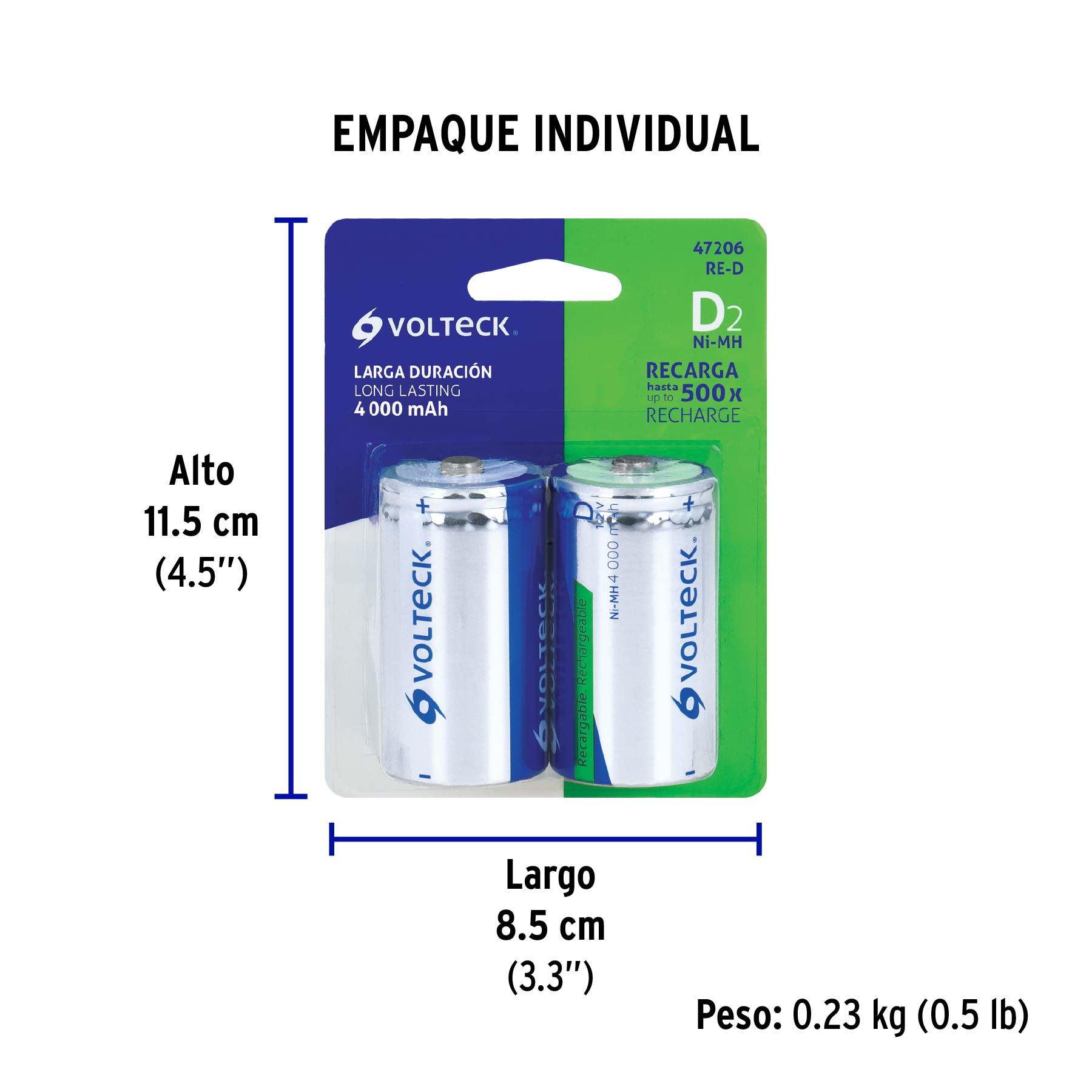 Blíster con 2 pilas recargables D larga duración, 4000 mAh - Empaque