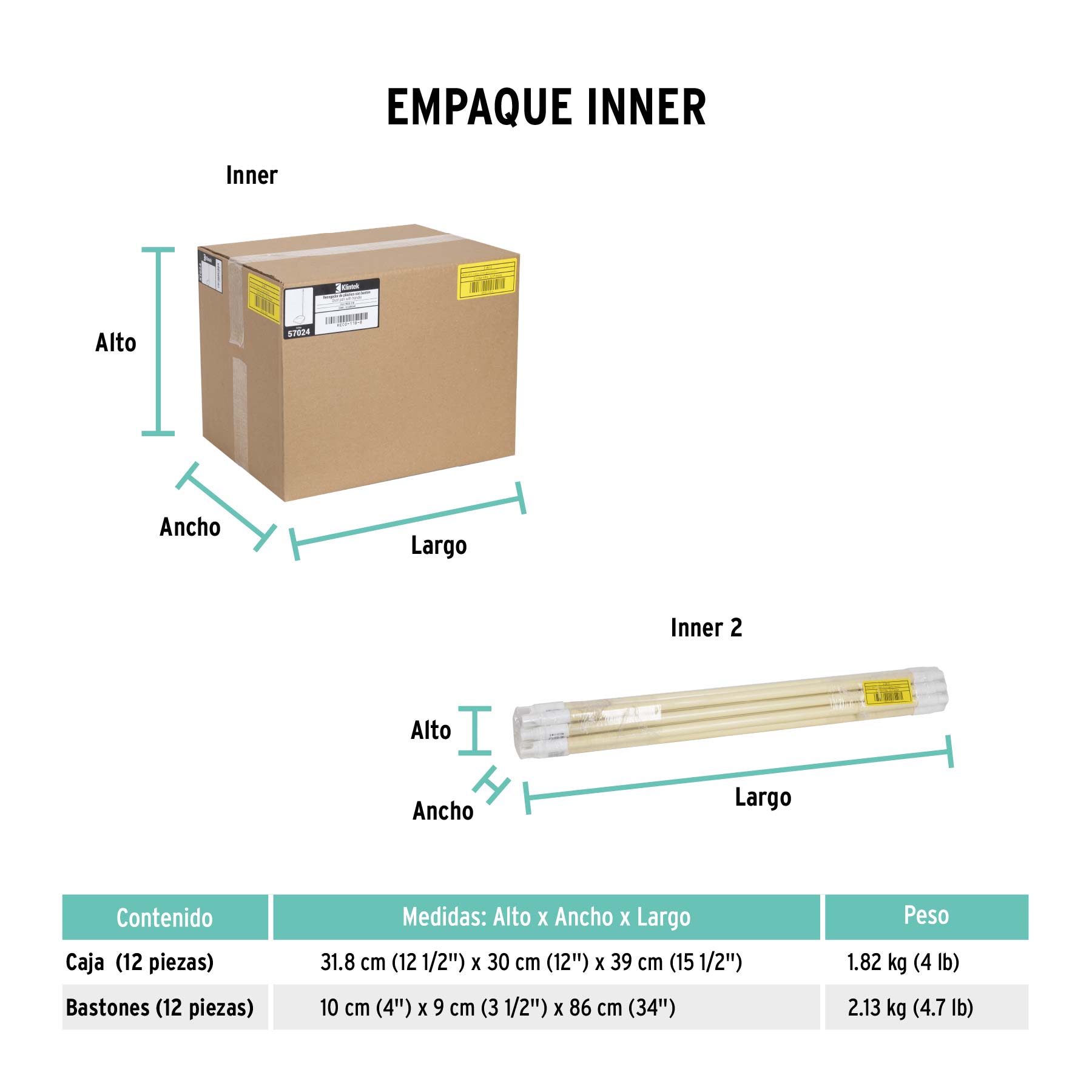 Recogedor plástico con bastón de madera, KLINTEK - Empaque